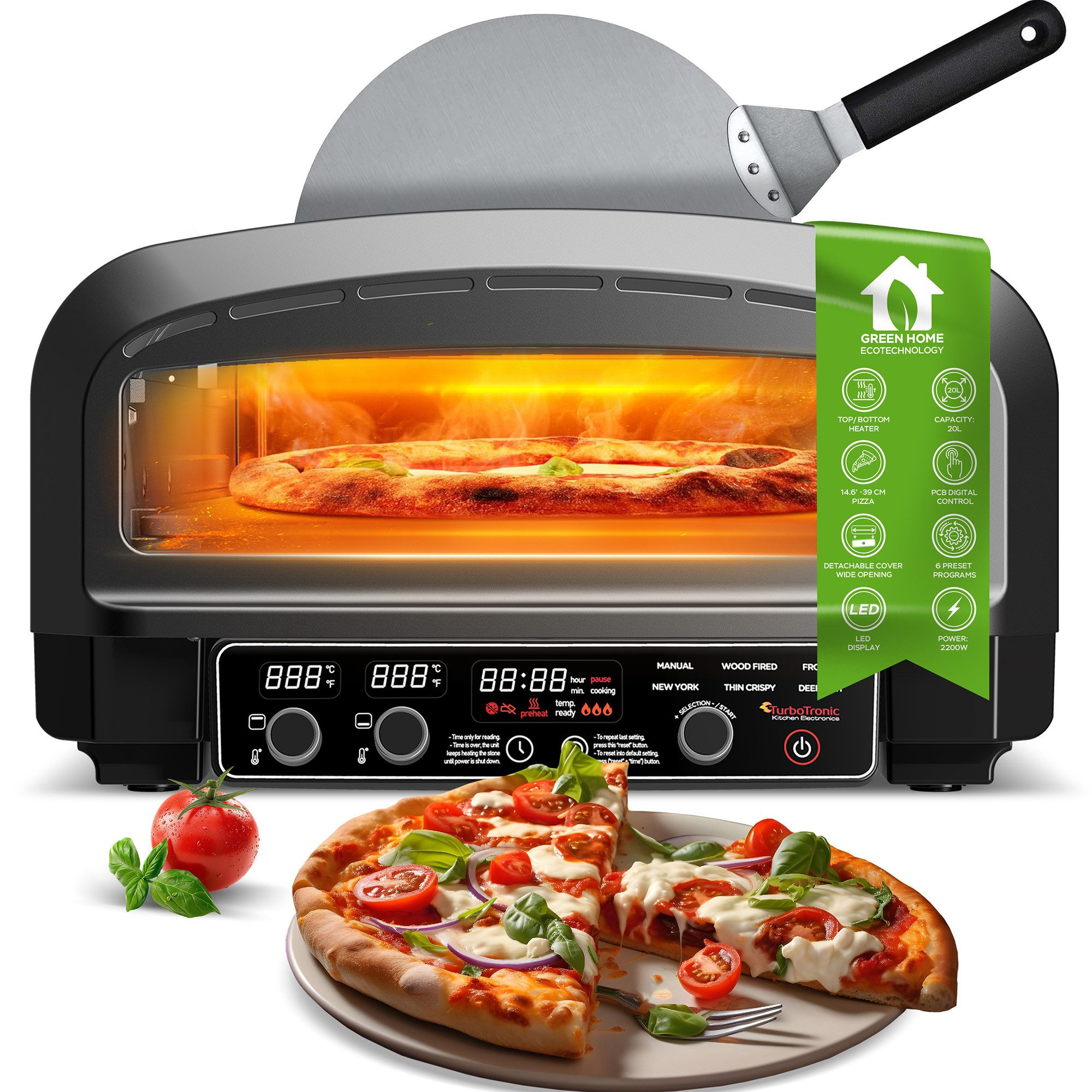 TurboTronic by Z-Line Pizzaofen bis 450°C für 37cm große Pizza New York Pizzastein Flammkuchen 2200W, Elektrisch Indoor Outdoor Mini Backofen MasterPro mehrere pizzen Grill