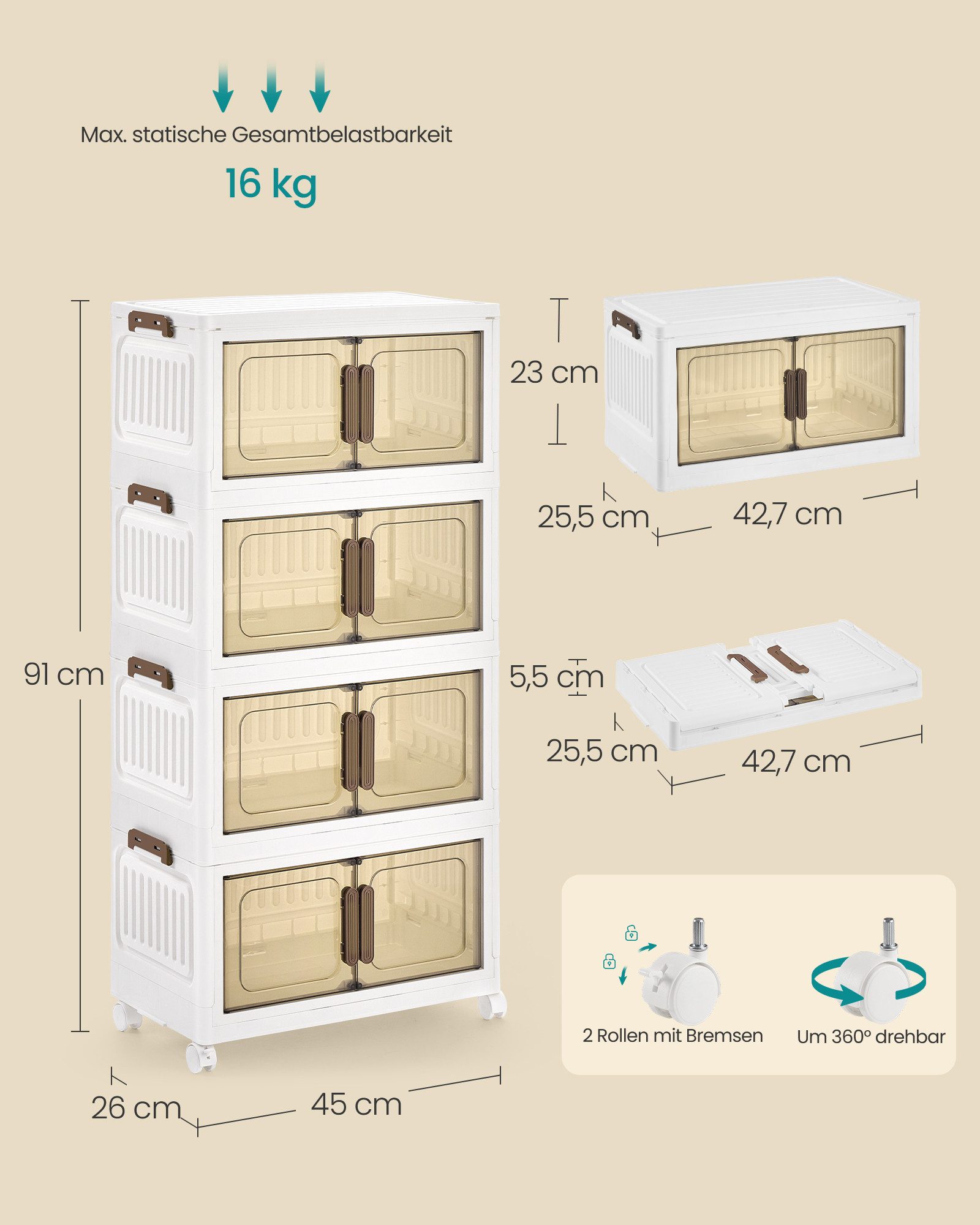 SONGMICS Aufbewahrungsbox 4 Ebenen, Organizer mit 1 Deckel, Stapelboxen auf Rollen, Plastikboxen, Ordnungsboxen 25/45/55 L pro Ebene, 100/180/220 L insgesamt
