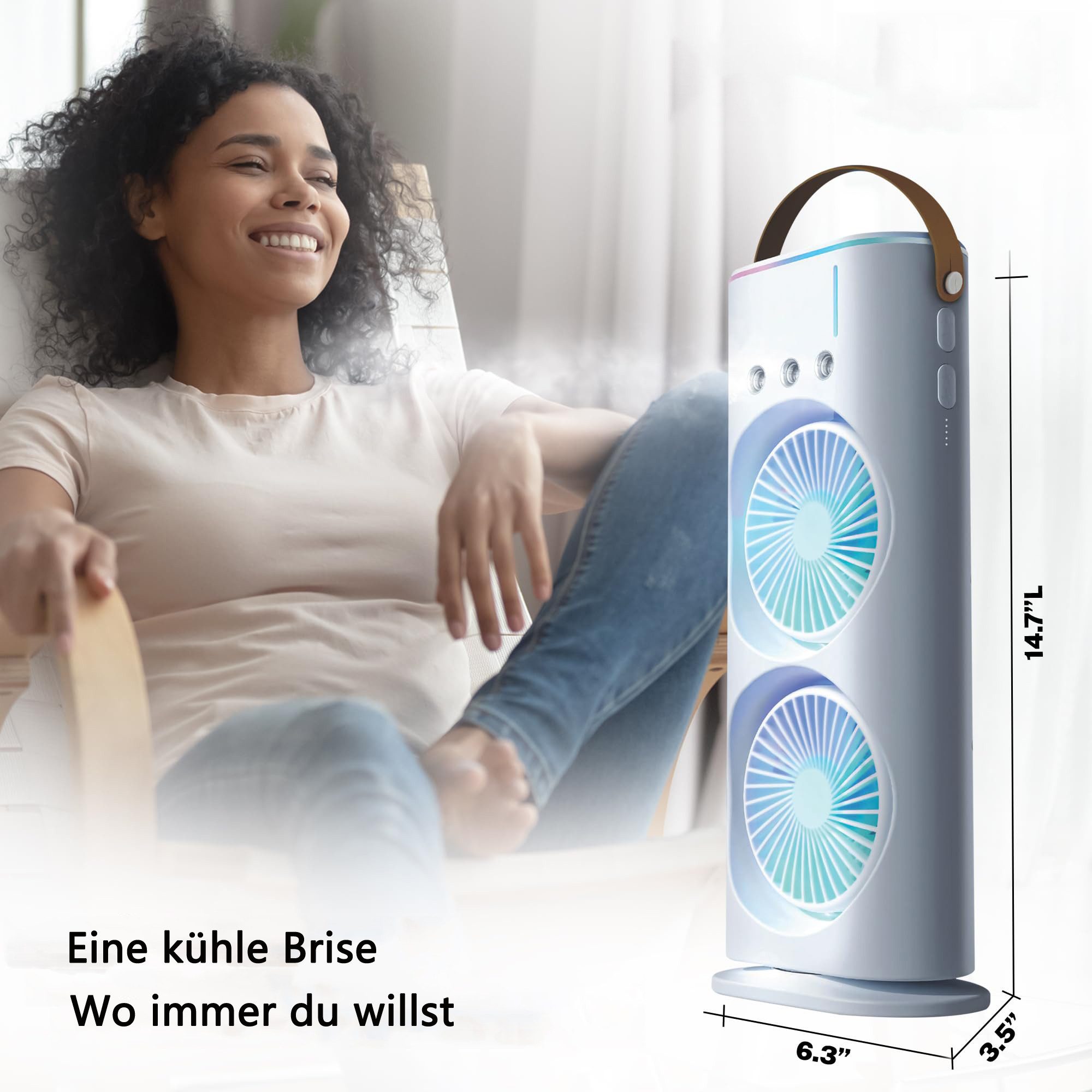 Coonoor Turmventilator Standventilator, USB-Ventilator wiederaufladbarer tragbarer Ventilator, 3 Geschwindigkeitsstufen, für Schlafzimmer bis draußen