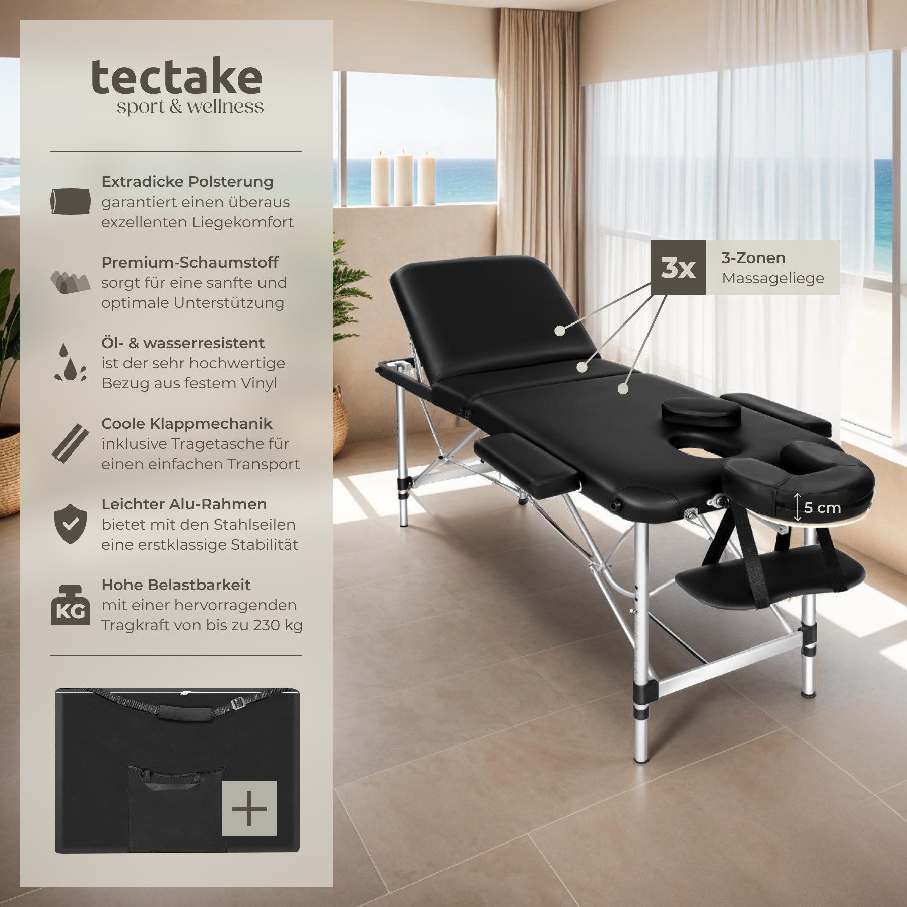 tectake Massageliege 3 Zonen Massagetisch aus Aluminium - Öl- und wasserresistenter Bezug (1 St., 1-St., Einzelartikel), Ergonomische Arm- und Kopfstütze für bequemen Komfort