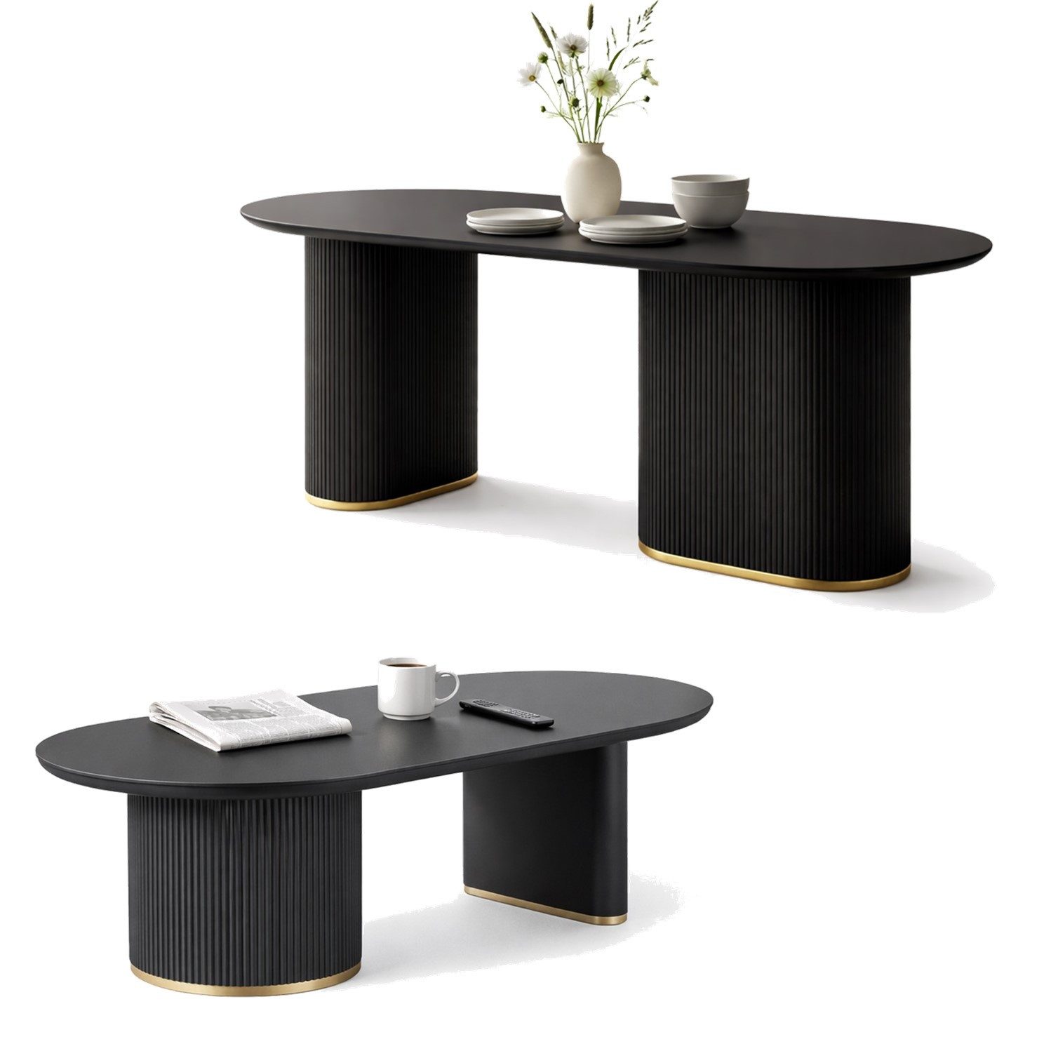 HOOZ Wohnzimmertisch Couchtisch & Esstisch Set Oval Modern – 130x70 cm & 180x90 cm Schwarz (Set, 4-St., 1× Esstisch & 1× Couchtisch), Tisch mit geriffeltem Gestell & goldfarbenem Ring am Sockel