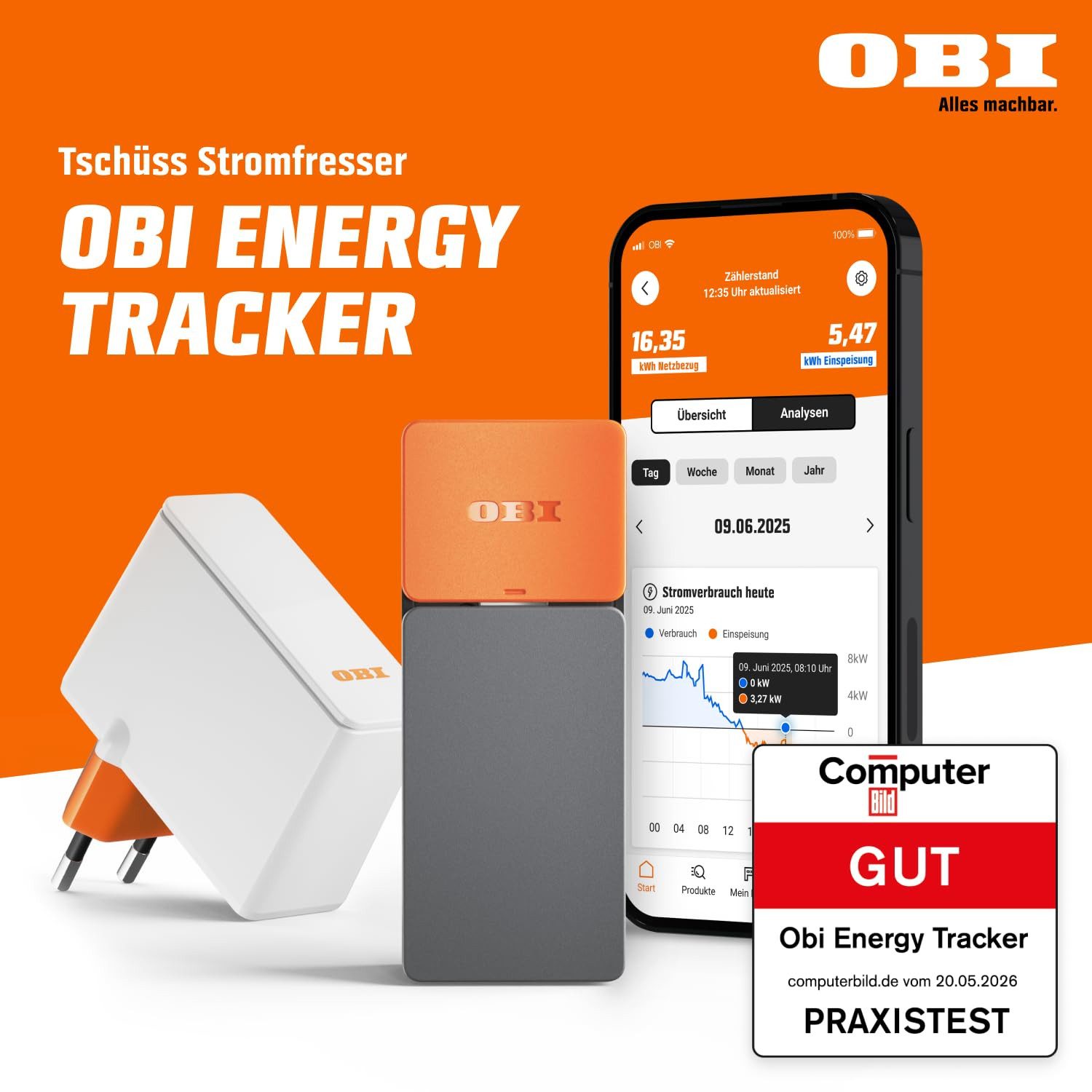 OBI Strommessgerät ENERGY TRACKER – Smarter Stromzähler-Ausleser mit App, Proprietär, App-Steuerung, Echtzeit-Verbrauch, DSGVO-konform