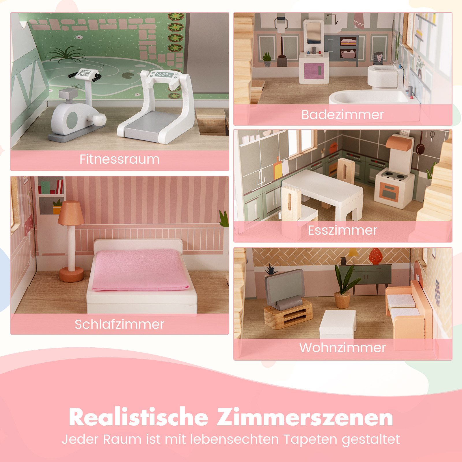 COSTWAY Puppenhaus, 3 Etagen Puppenstube, Holz mit Dächern, Türen, Zubehör günstig online kaufen
