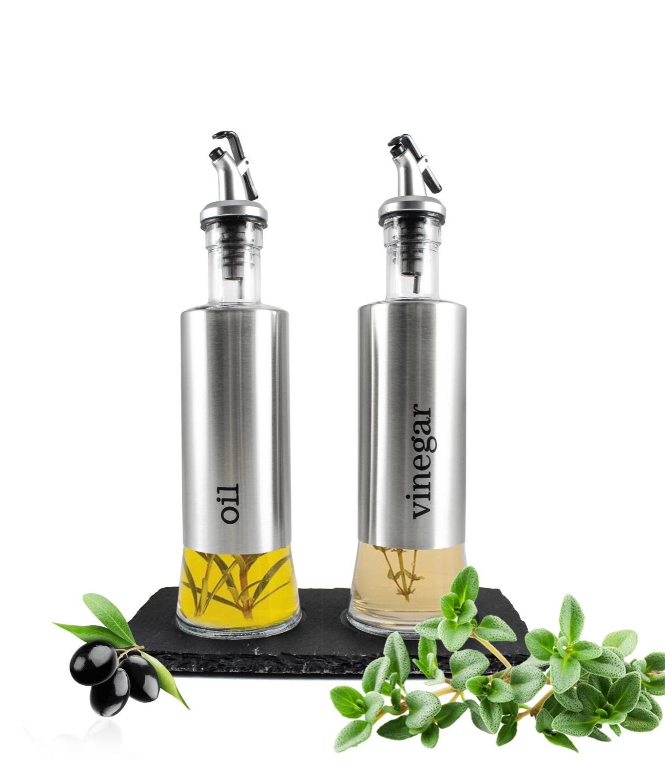Menage-Set Öl und Essig Set auf Schieferplatte Ölspender Essigspender Ölflasche
