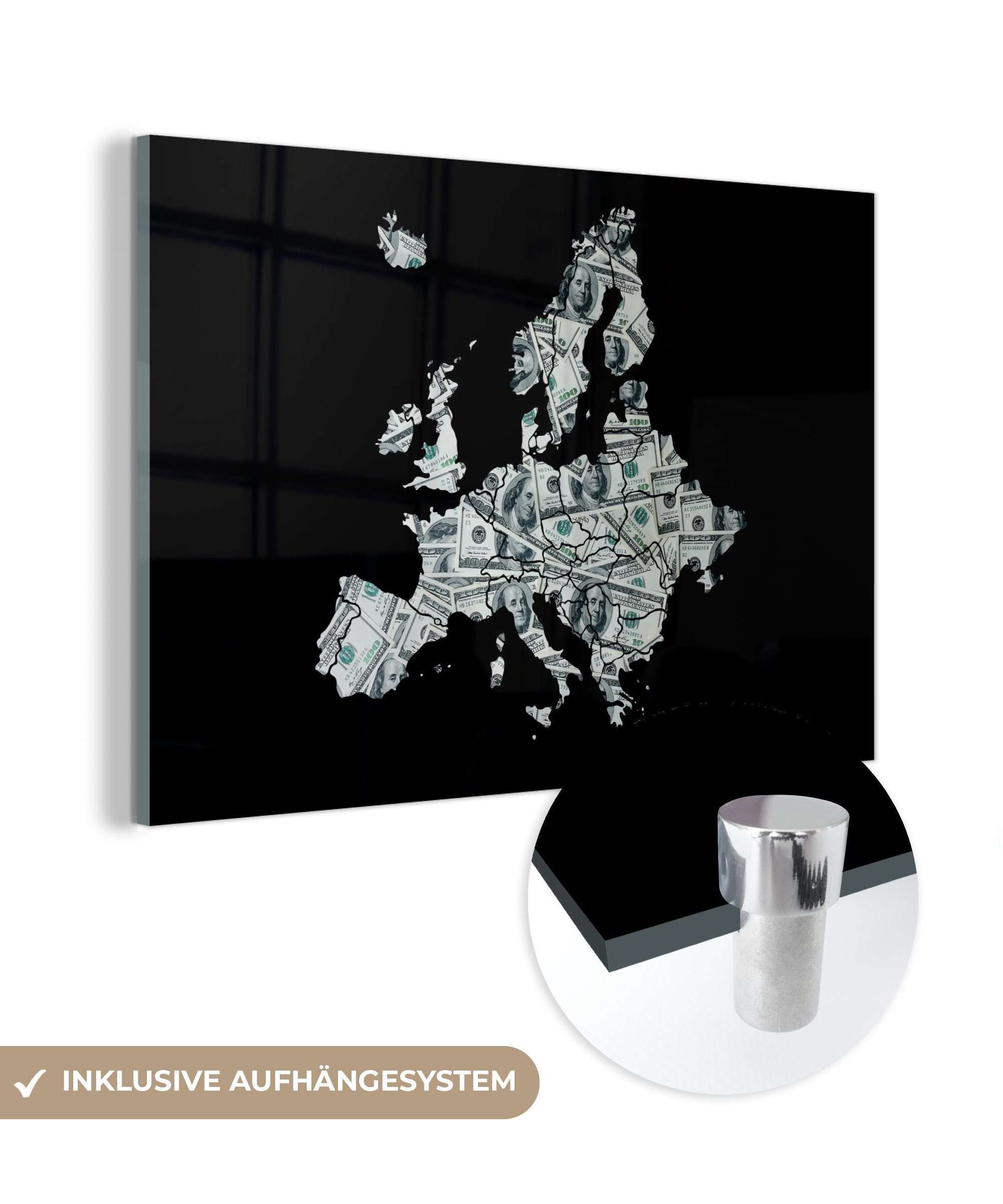 MuchoWow Acrylglasbild Karte - Europa - Geld, (1 St), Acrylglasbilder Wohnzimmer & Schlafzimmer