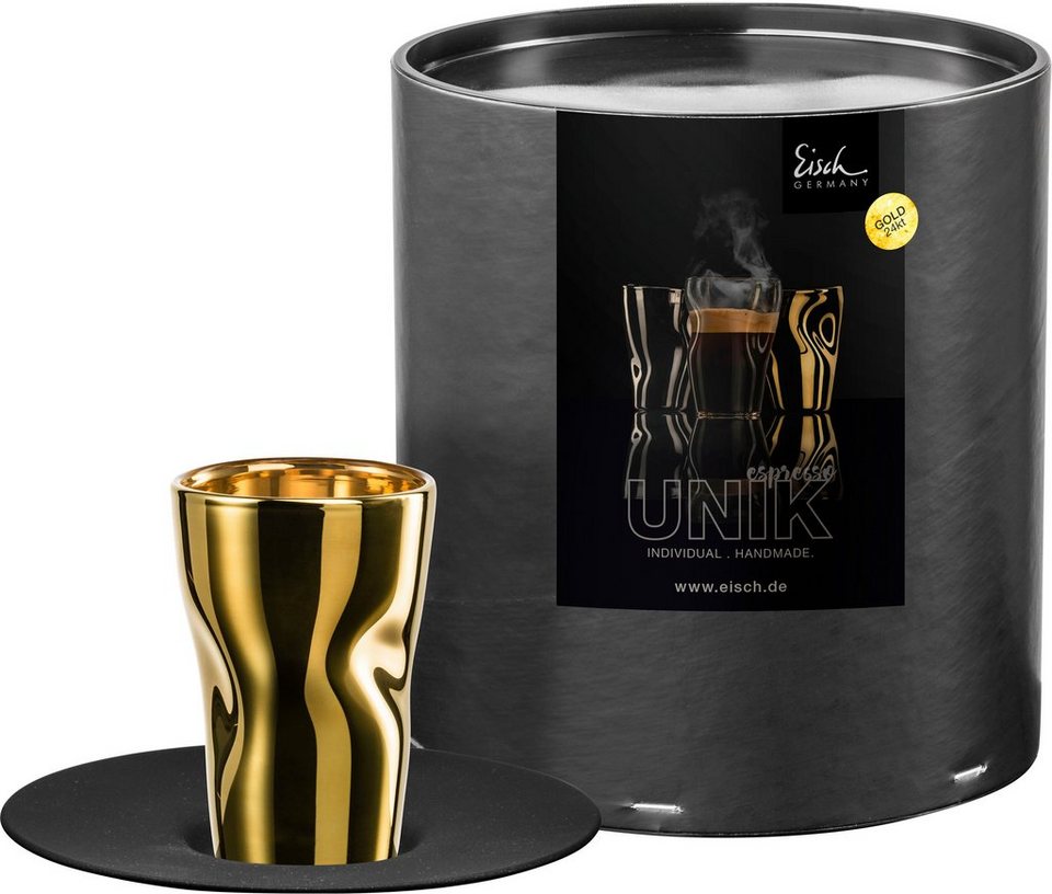 Eisch Espressoglas UNIK, Borosilikatglas, Espressoglas mit Untertasse,  veredelt mit Echtgold, 100 ml