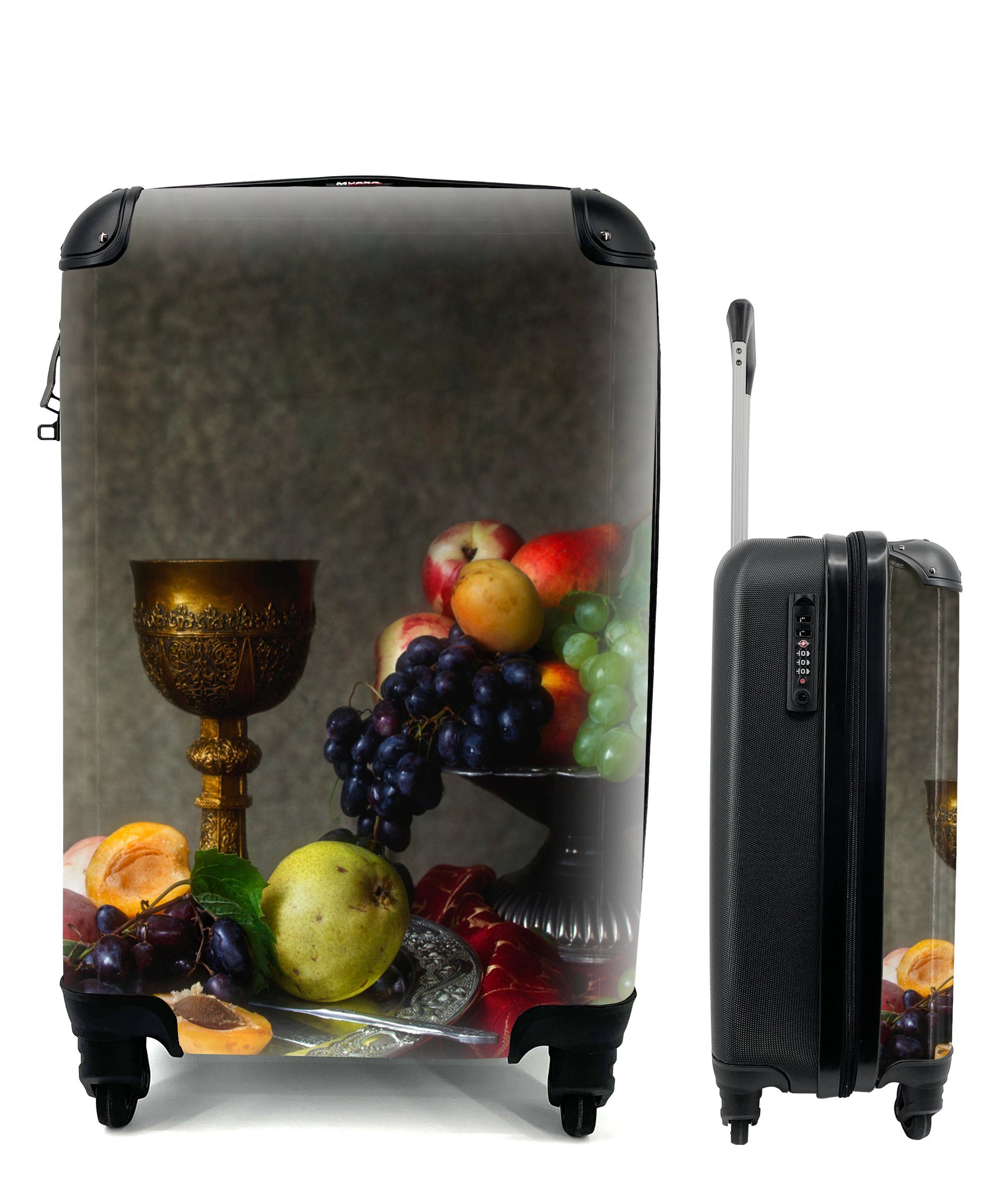 MuchoWow Handgepäckkoffer Rustikal - Tisch - Obst - Stilleben - Tasse, 4 Rollen, Reisetasche mit rollen, Handgepäck für Ferien, Trolley, Reisekoffer