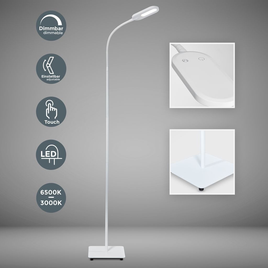 B.K.Licht Stehlampe Weiß 8W 600lm 3000K Touch - BKL1228, LED fest integriert, Farbwechsler, Kaltweiß, Neutralweiß, Warmweiß, Memory Dimmbar Wohnzimmer Esszimmer Flur Leseleuchte