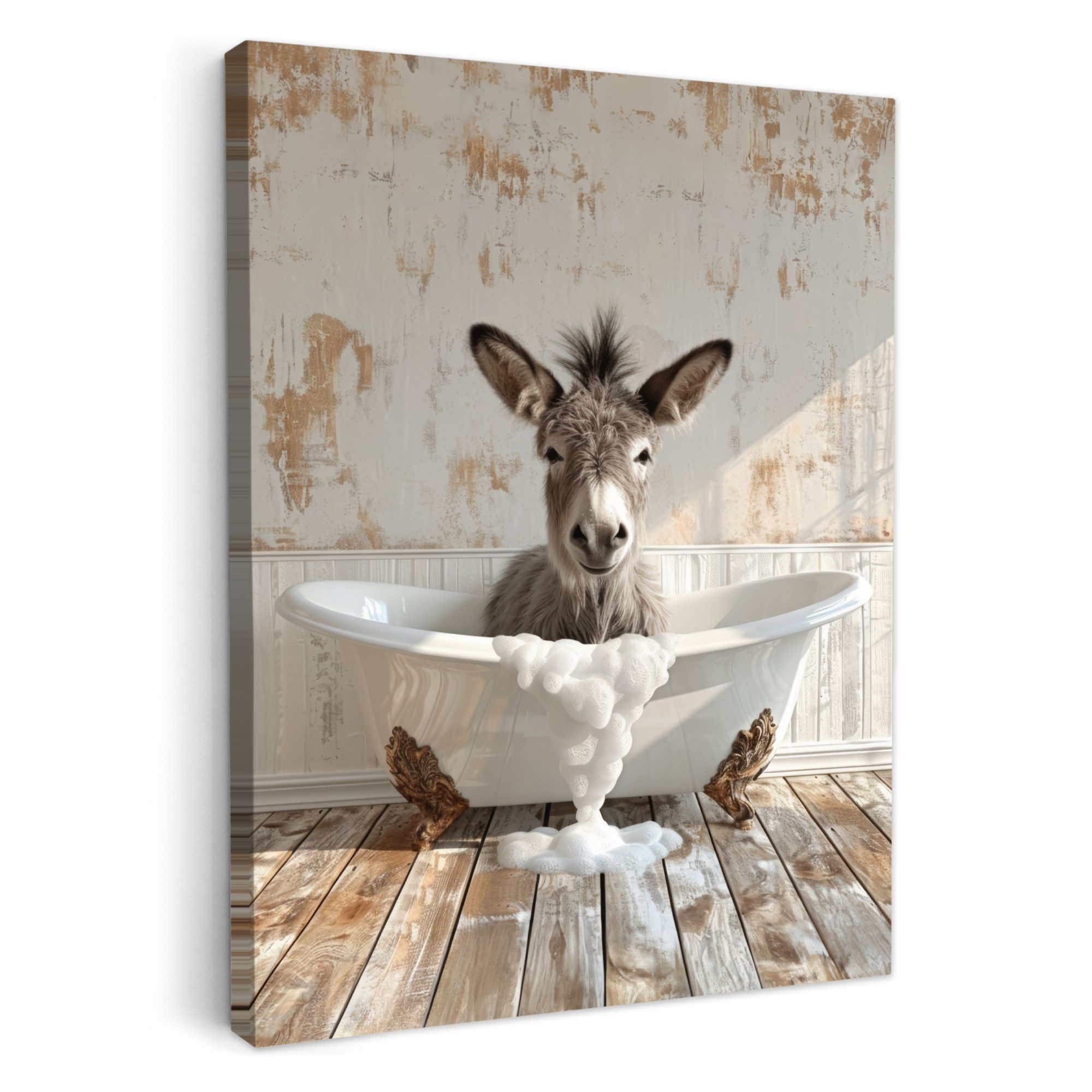 OneMillionCanvasses® Leinwandbild Esel - Tiere - Badewanne - Schaumstoff, Fotodruck (1 St), Badezimmer Deko, Bilder Bad, Gäste WC Wanddeko 30x40 cm