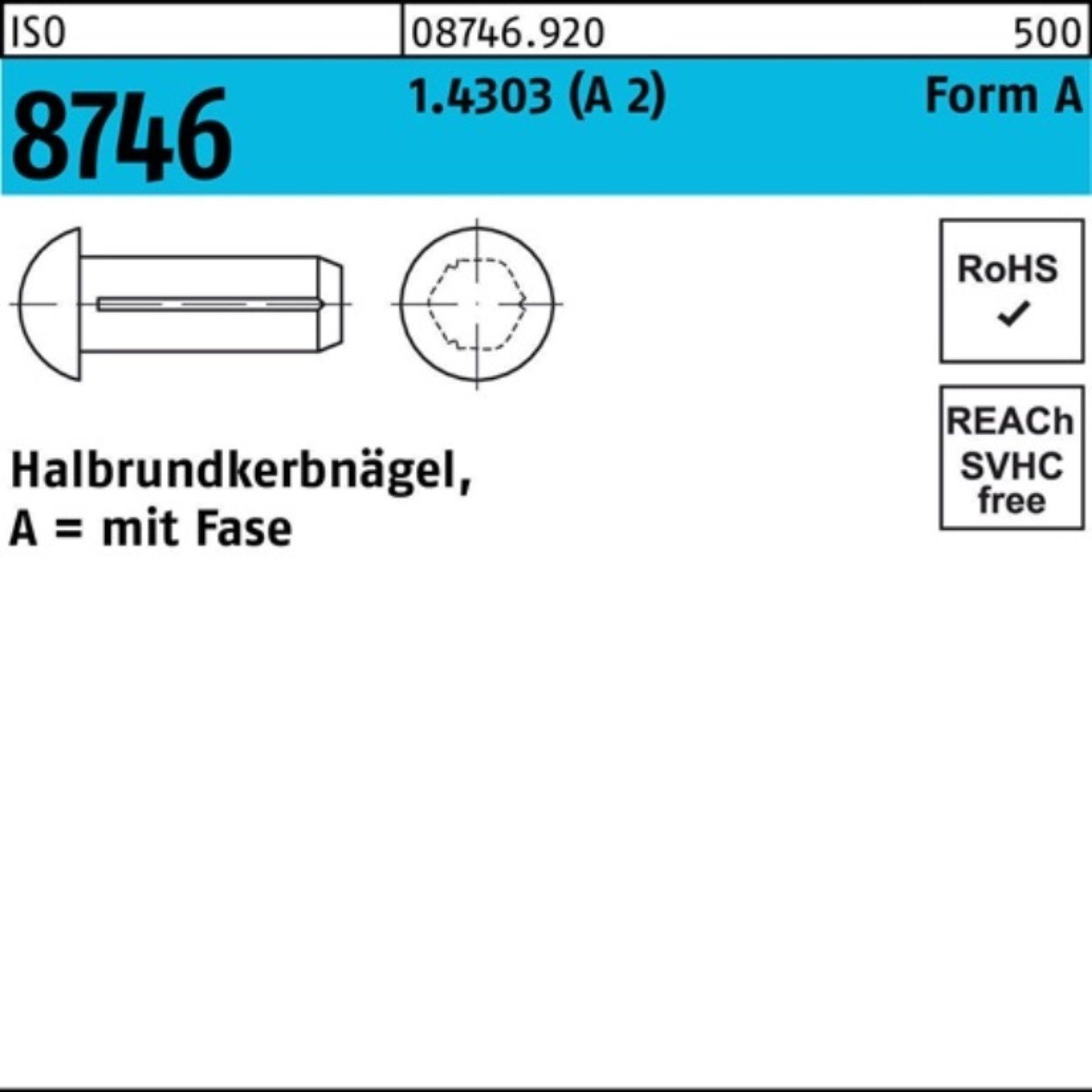 6 1,6x Nagel Fase Reyher Pack St Halbrundkerbnagel 1.4303 2) 8746 ISO 100er 100 (A