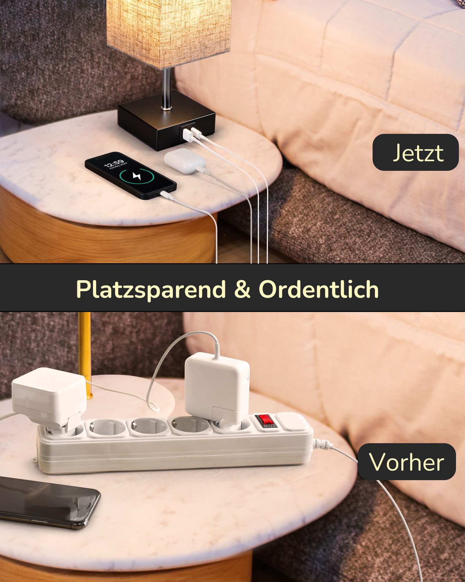 EDISHINE LED Nachttischlampe 2er-Set Schreibtischlampe Touch Dimmbar, Tischleuchten mit USB, LED wechselbar, warmweiß, kleine Tischlampe mit Ladefunktion für Fensterbank, Geschenk
