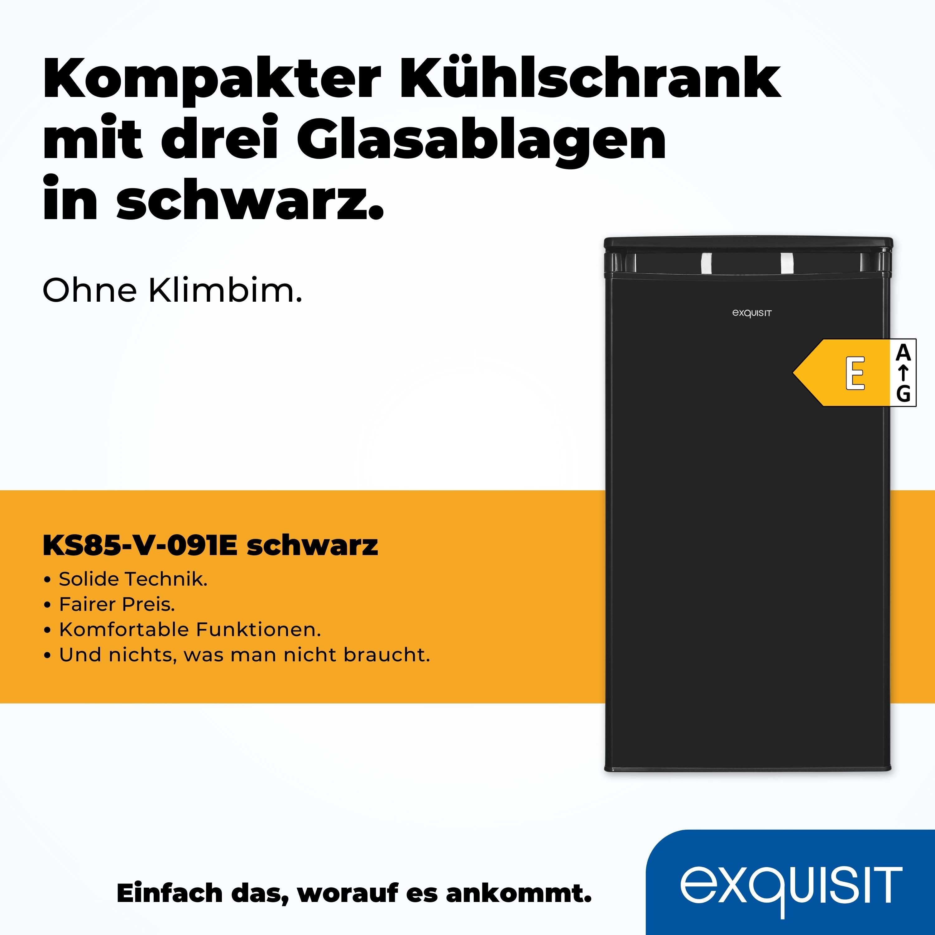 exquisit Vollraumkühlschrank KS85-V-O91E schwarz, 84,3 cm hoch, 45 cm breit, Perfekte Kühlung für Obst, Gemüse & Getränke – kompakt und vielseitig