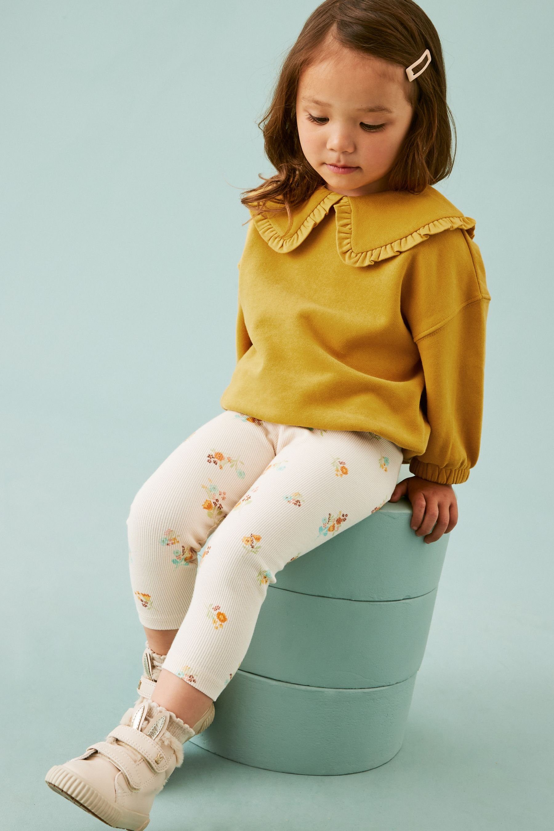 Shirt Kragen & und Set Leggings mit im Next Sweatshirt Leggings Floral (2-tlg) Yellow