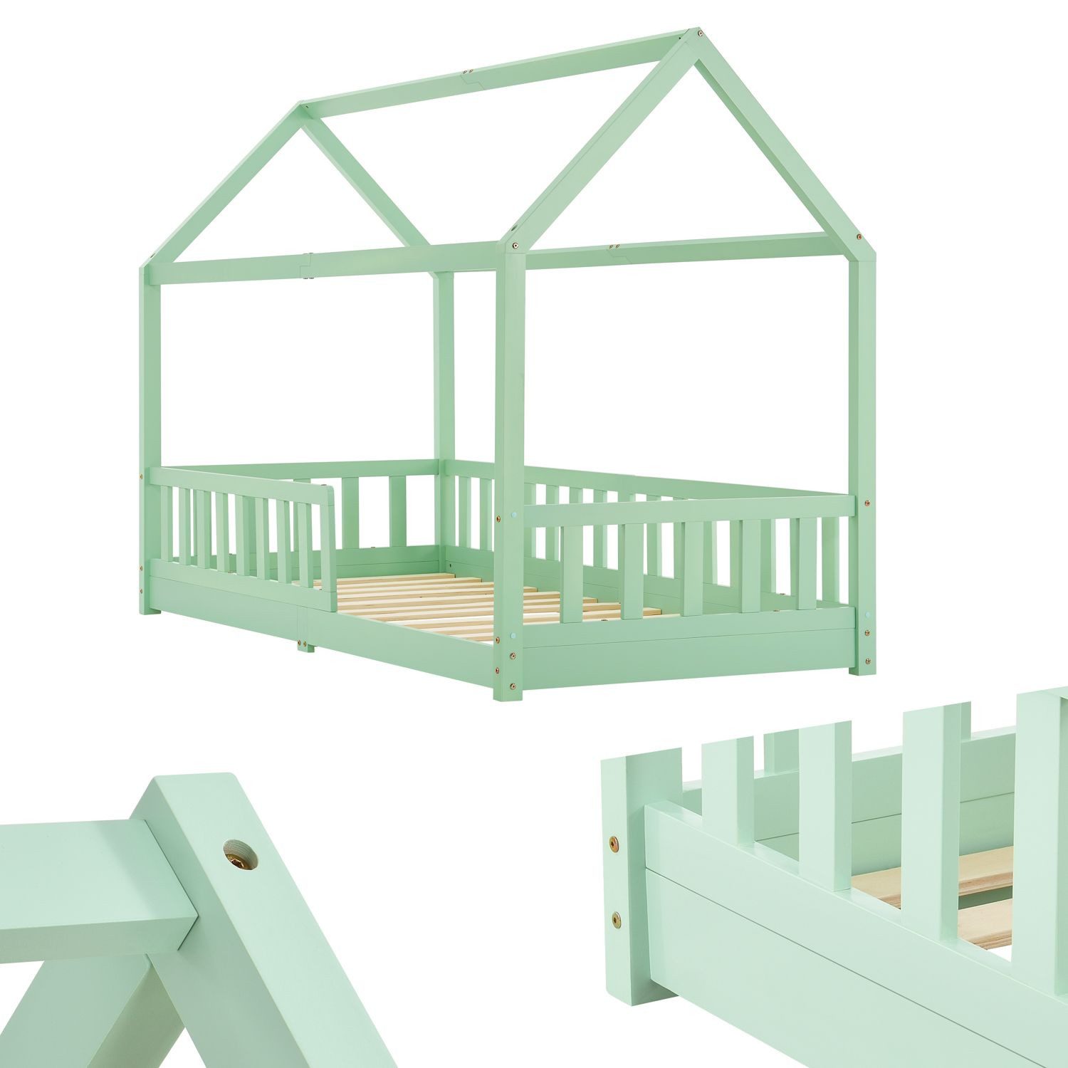 Juskys Kinderbett Marli, 90x200 cm, Hausoptik mit Dach, Holz, Rausfallschutz, 3 - 10 Jahren
