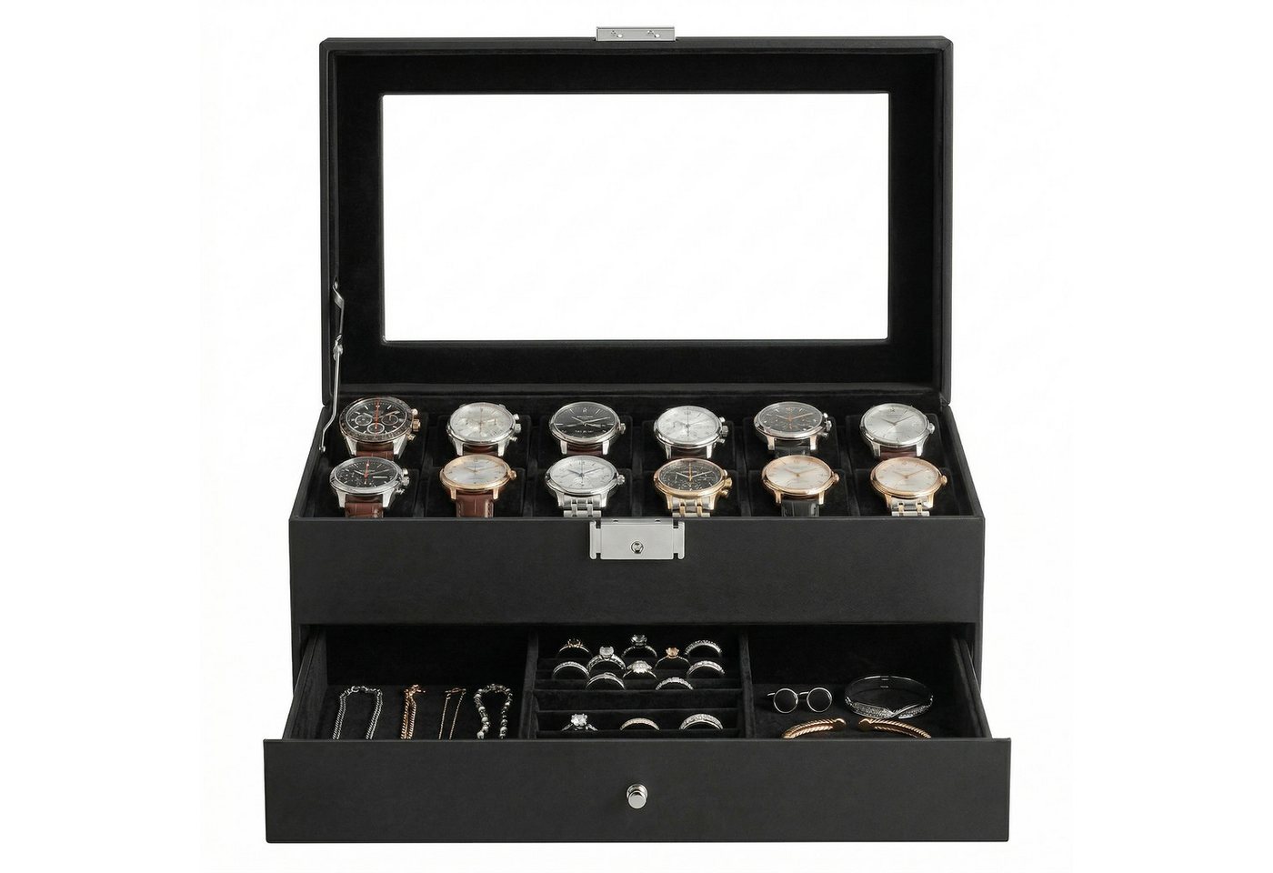 SONGMICS Uhrenbox Uhrenkasten, Schmuckaufbewahrung, Glasdeckel, Uhrenkissen, 18,5 x 32,5 x 13,5 cm,für 12 Uhr