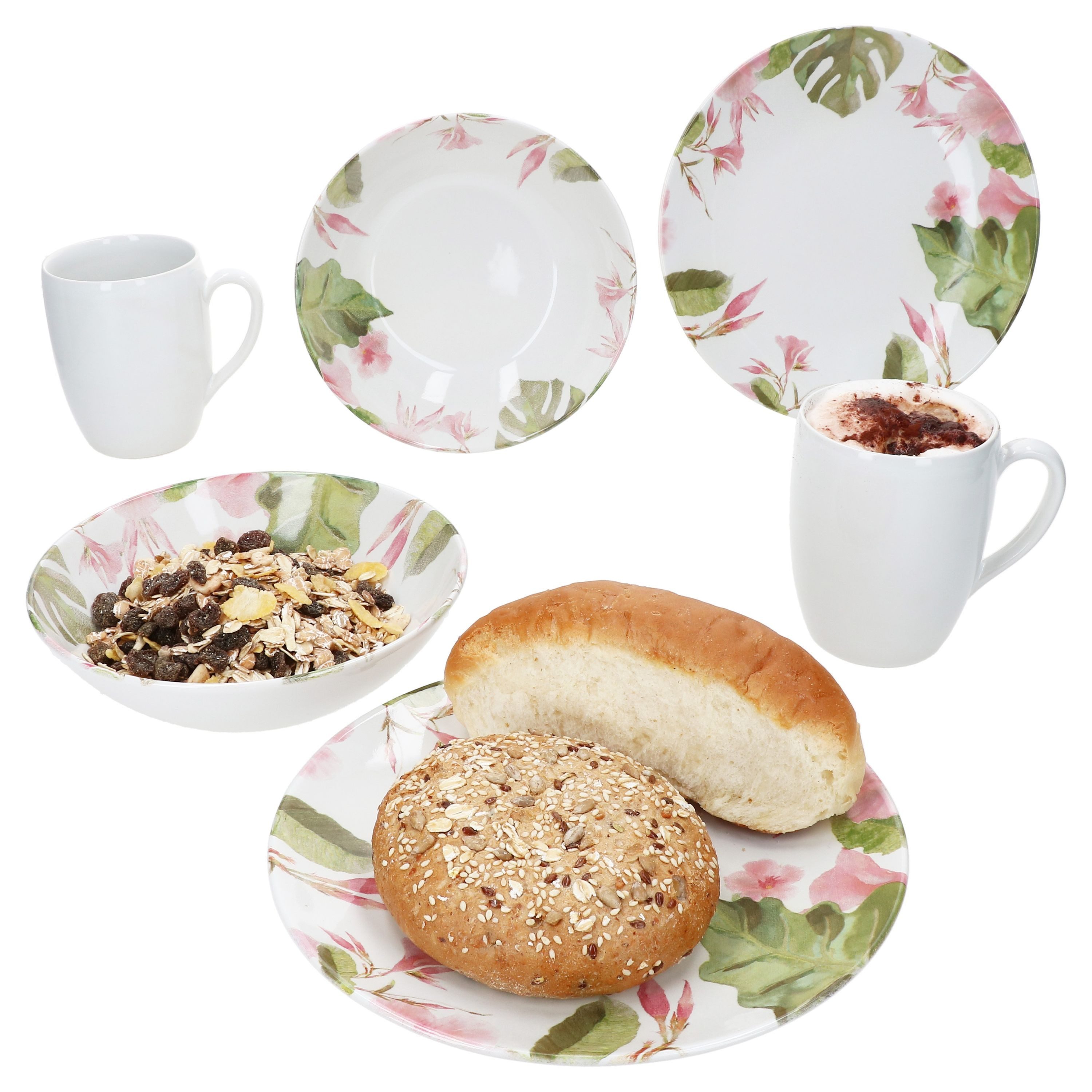 MÄSER Frühstücks-Geschirrset Ossia 6tlg Exotic Tearose Frühstücksset Teller Becher Müsli-Schale, Steingut