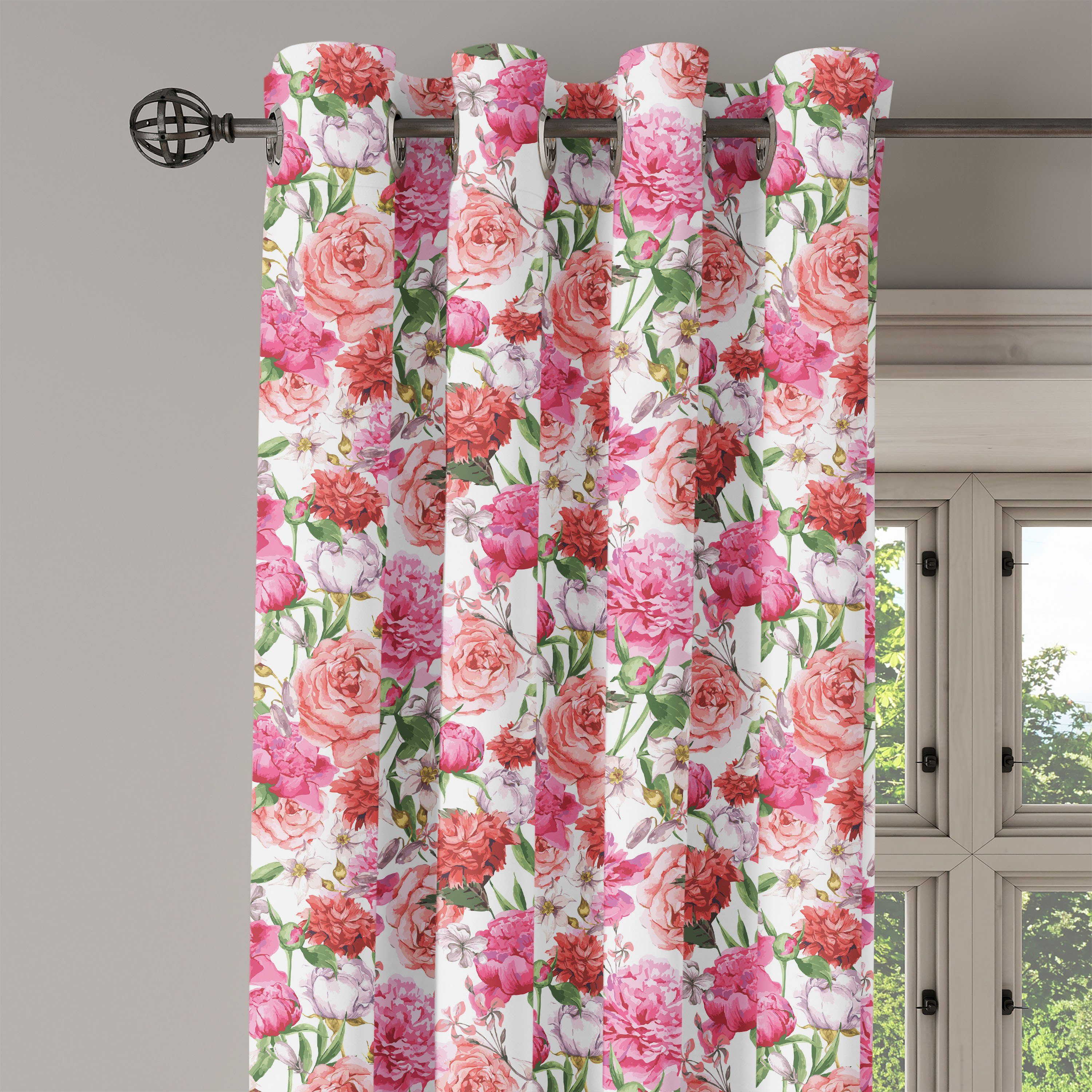 Gardine Dekorative 2-Panel-Fenstervorhänge für Schlafzimmer Rosen Pfingstrosen Blumen und Abakuhaus, Wohnzimmer