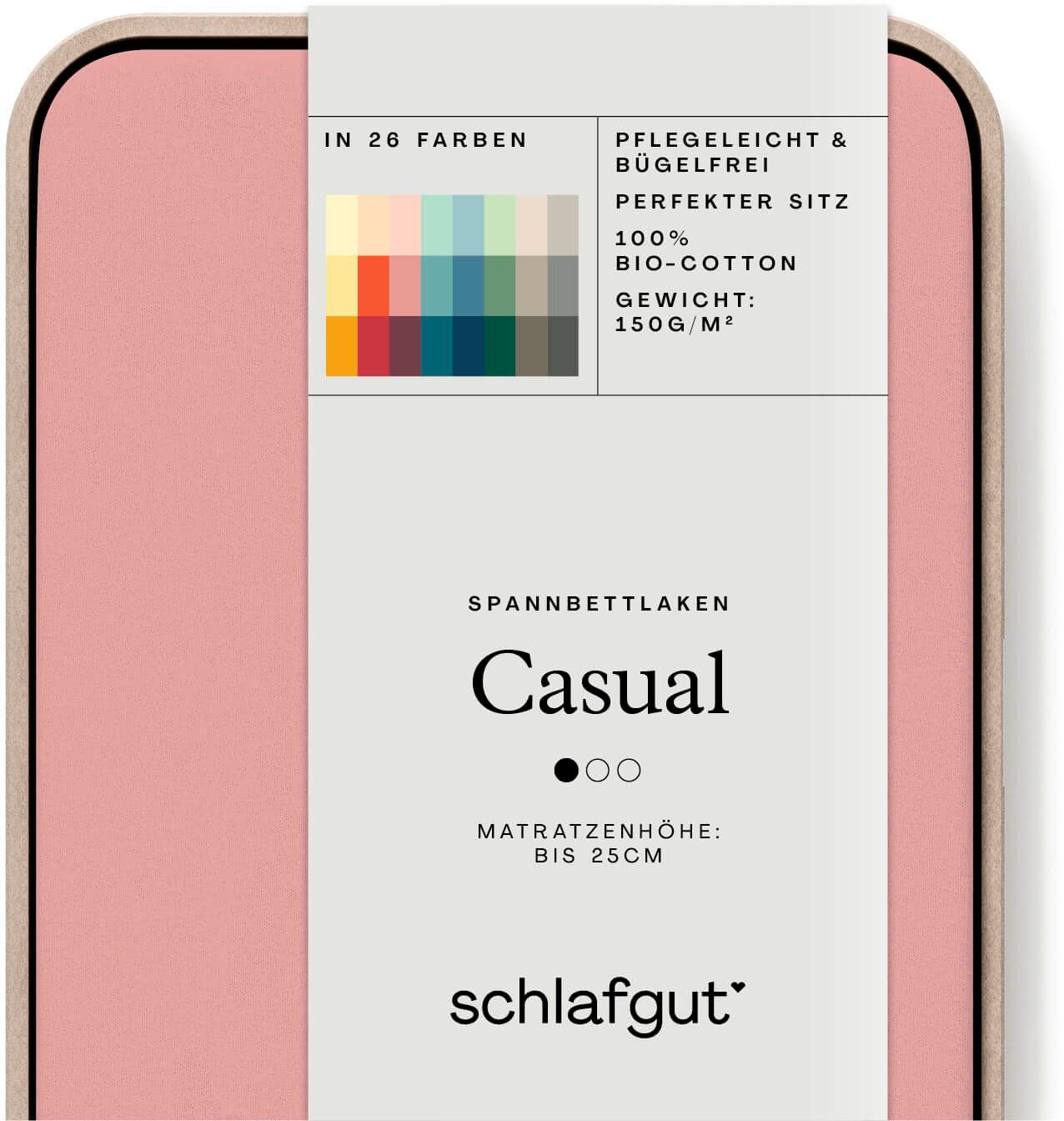 Schlafgut Spannbettlaken CASUAL Bettlaken 100% gekämmte Bio-Baumwolle, 150 g/m², Spannbetttuch, Jersey, Gummizug: rundum, (1 Stück), Bettlaken bis 25 cm Höhe, langlebig, weich, Antipilling-Ausrüstung