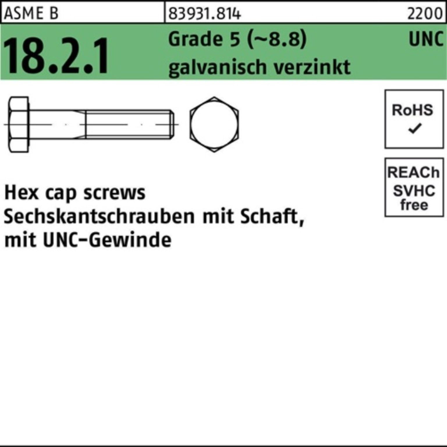 Reyher Sechskantschraube 100er Pack Sechskantschraube R 83931 UNC/Schaft 1/4x1 1/4 Grade 5 (8.