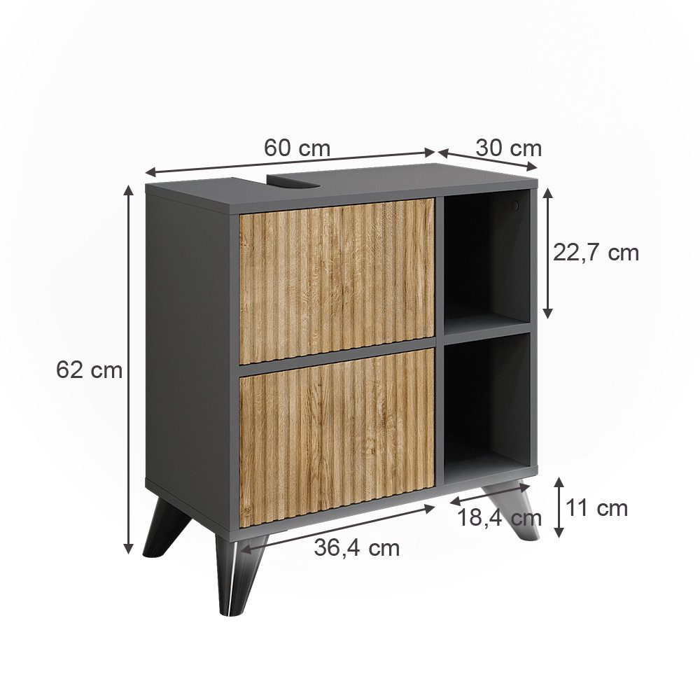 Vicco Waschbeckenunterschrank Leano, Anthrazit/Bergeiche, 60 x 62 cm mit 2 Schubladen (1-St) – Bild 3 von 5