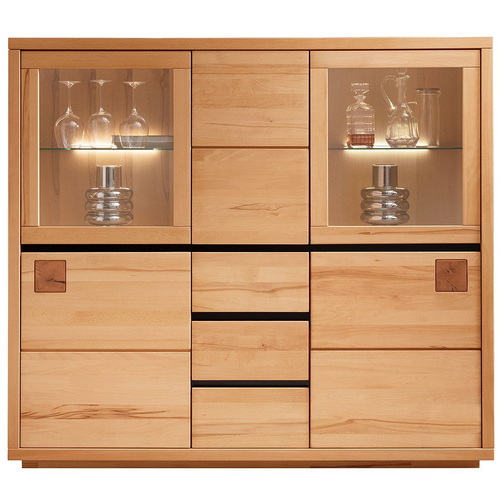 Lomadox Highboard WINCHESTER-69, Standvitrine Schrank 103 cm Buche massiv geölt Hirnholz-Detail