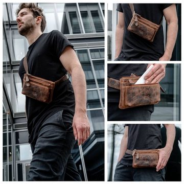 Corno d´Oro Bauchtasche Damen und Herren aus Echt Leder Vintage, Handmade Gürteltasche Cognac, mit breitem verstellbarem Gurt; 3 Reißverschlussfächer