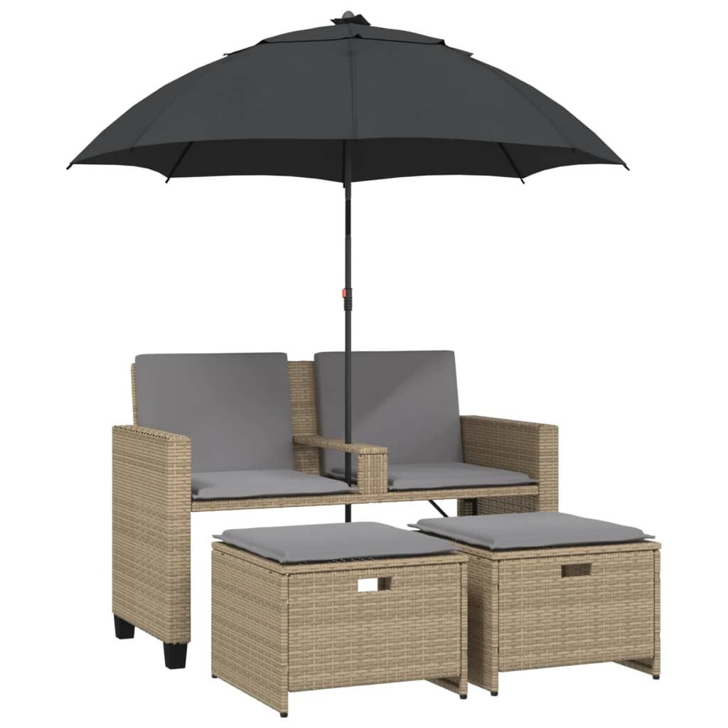 vidaXL Loungesofa Gartensofa 2-Sitzer Sonnenschirm und Hocker Beige Poly-Rattan, 1 Teile