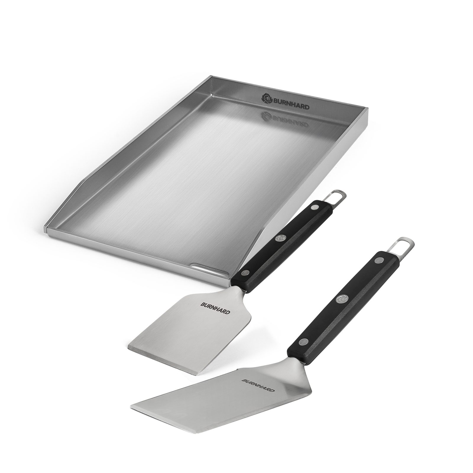 BURNHARD® Grillrost Plancha Set 41,5 x 23,5 cm, 2tlg. Grillspachtel und Grillschaber Set, Edelstahl Grillplatte 41,5 x 23,5 x 3,5 cm + Grillspachtel Set