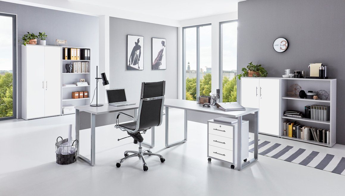 moebel-dich-auf Büromöbel-Set OFFICE EDITION, (Büromöbel abschließbar, Made in Germany, Set 1, mit Metallgriffen) lichtgrau / weiß matt | Büromöbel-Sets