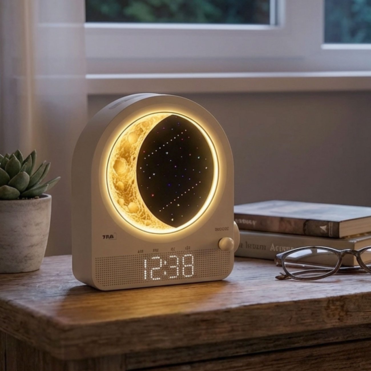 TFA Dostmann Tageslichtwecker Mondlampen Lichtwecker Meteor-Simulation Timer 2 Alarme & 10 Sounds Dual-Alarm (2 Weckzeiten), Snooze-Funktion, stufenlos dimmbar