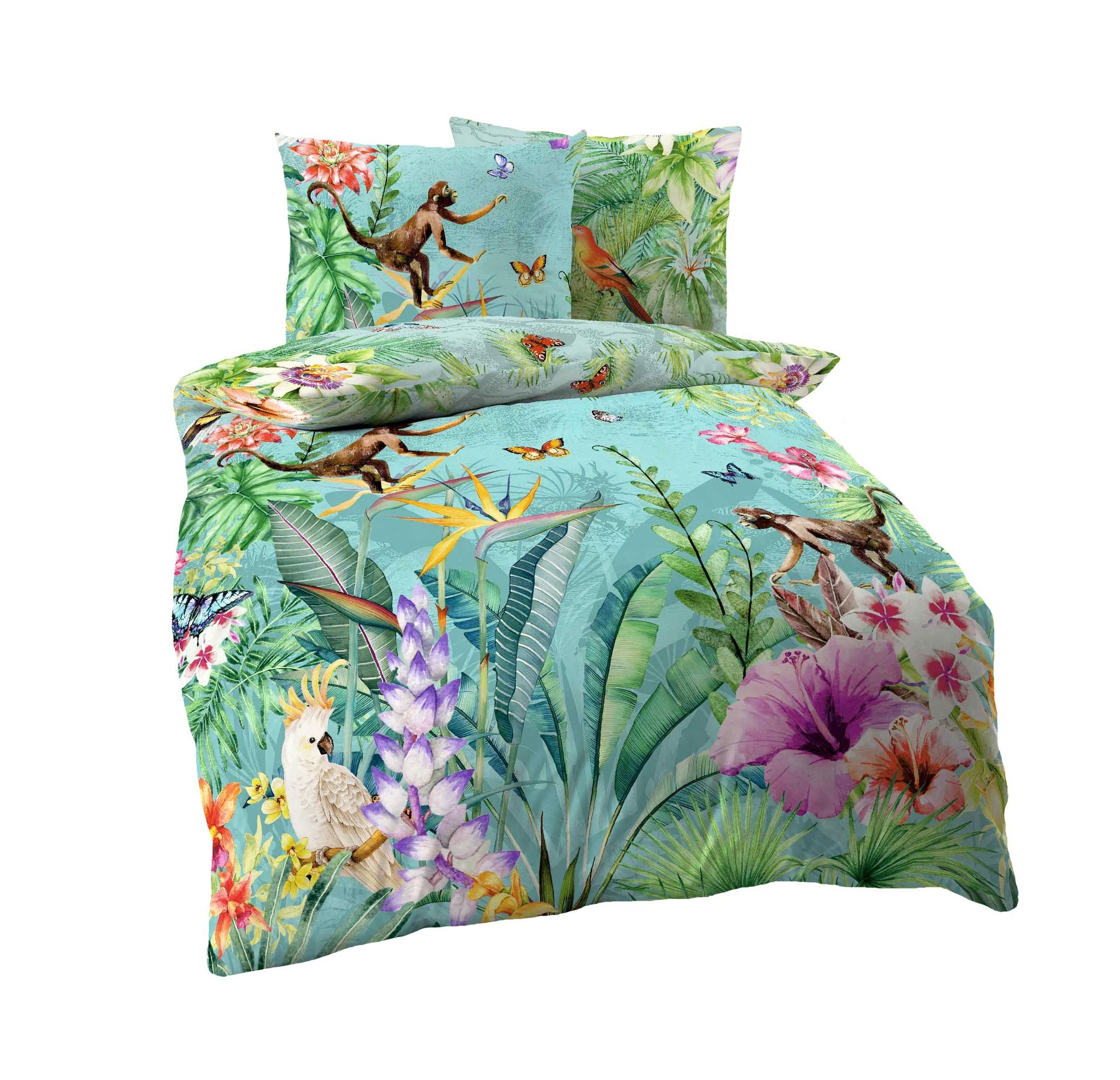 Kaeppel Bettwäsche Kaeppel Mako Satin Digitaldruck Bettwäsche 2 tlg. Äffchen Dschungel, Satin, 2 teilig, hochwertige Digitaldruckbettwäsche mit einem farbenfrohen Urwaldmotiv