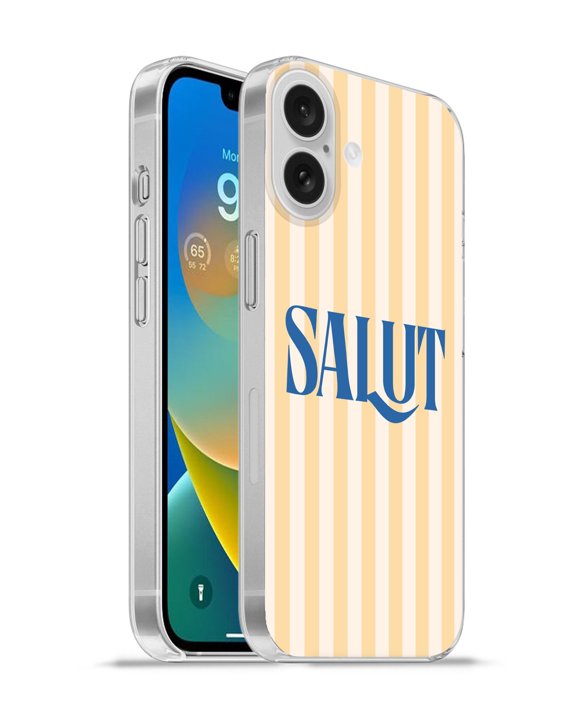 MuchoWow Handyhülle für Apple iPhone 16 Salut - Zitat - Streifen - Gelb - Blau - Weiß, Smartphone-Bumper, Print, Handy Schutzhülle Dünn