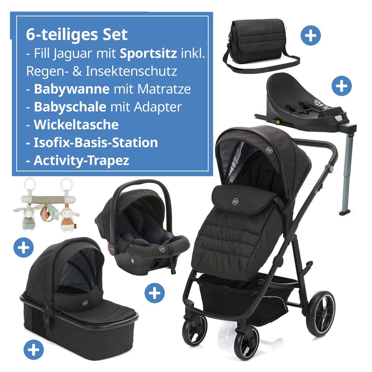 Fillikid Kombi-Kinderwagen Fill Jaguar - Dunkelgrau Melange, 3in1 Kinderwagen mit Babyschale, Babywanne, Sportsitz & Isofix-Basis