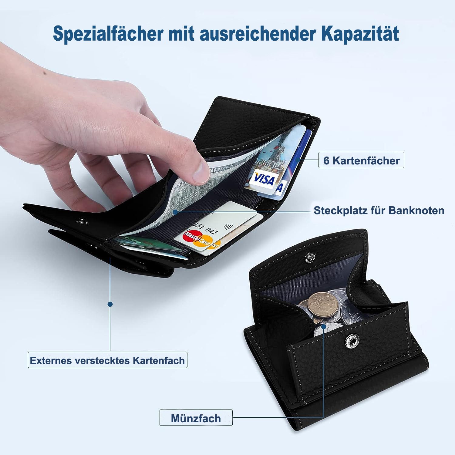 Zaewry Mini Geldbörse Schlichte kleine Geldbörse aus Leder für Frauen (1-tlg), mit Kartenschlitz, RFID-Diebstahlschutzbürste, 10 x 7 x 3cm