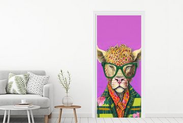 MuchoWow Türtapete Brille - Tier - Schottischer Highlander - Blumen - Hippie, Matt, bedruckt, (1 St), Fototapete für Tür, Türaufkleber, 75x205 cm