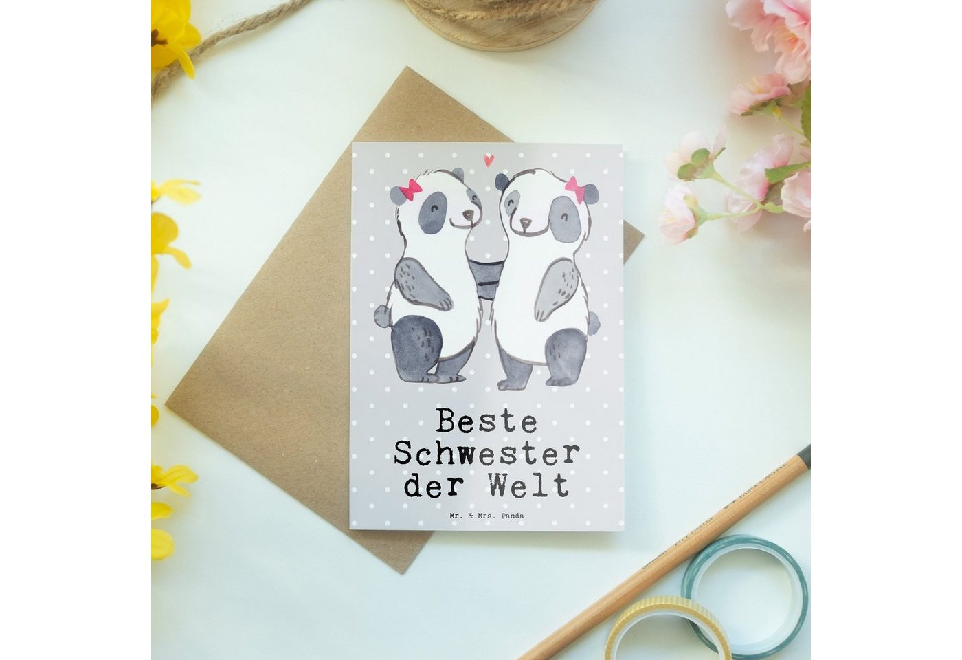 Thumbnail - Mr. & Mrs. Panda Grußkarte Panda Beste Schwester der Welt - Grau Pastell - Geschenk, Geburtstags, Edler Umschlag
