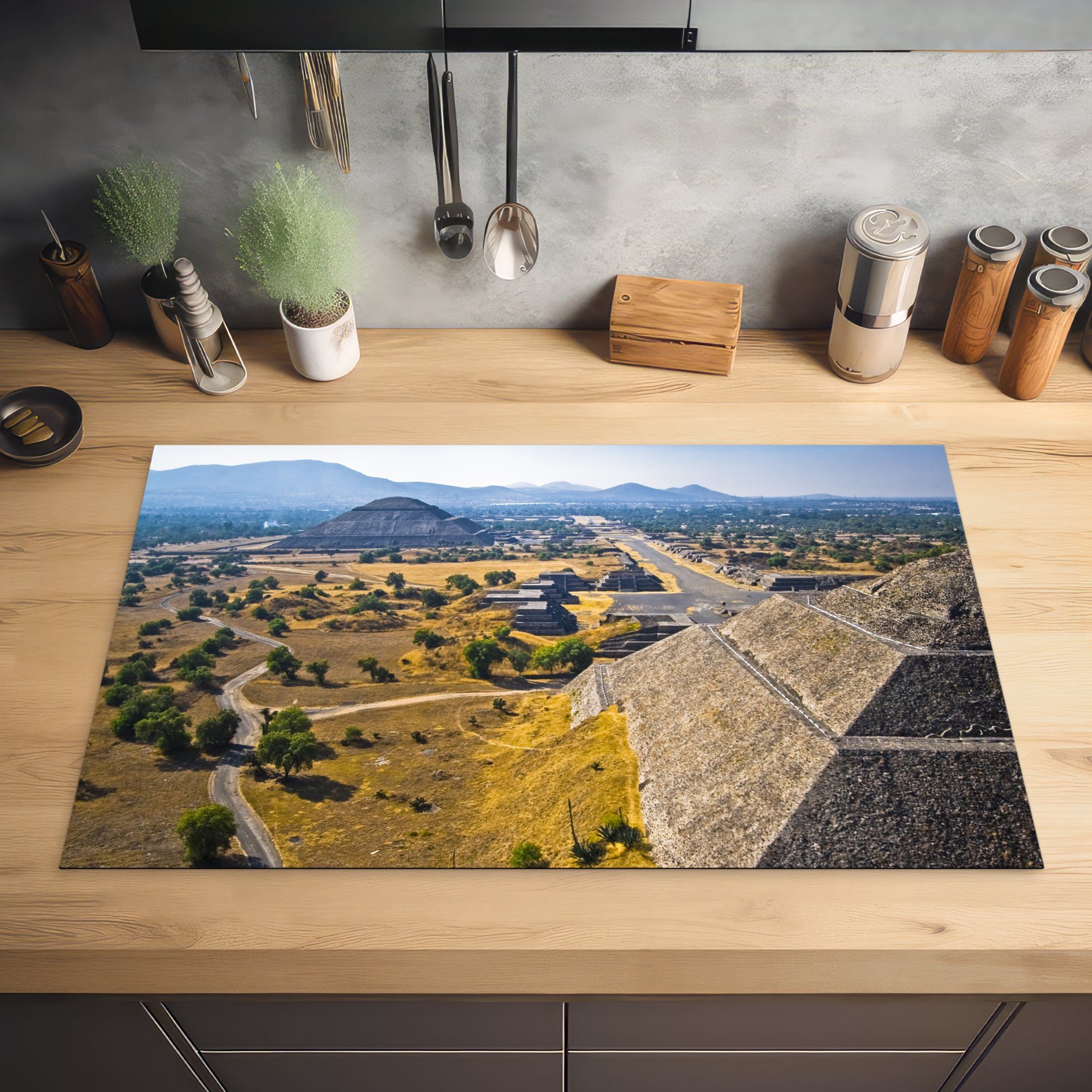 MuchoWow Herdblende-/Abdeckplatte Sonnenpyramiden Ceranfeldabdeckung, tlg), in cm, und (1 83x51 in Teotihuacán Mond- Arbeitsplatte Vinyl, Zentralmexiko, küche für