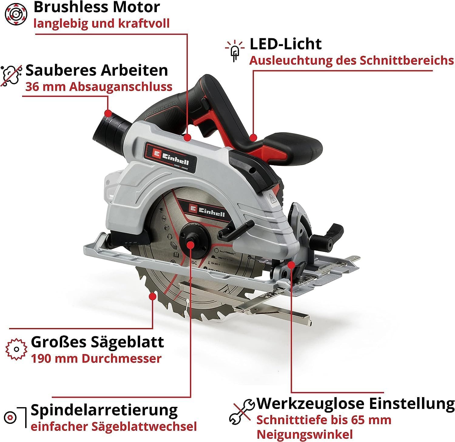 Einhell Akku-Handkreissäge Handkreissäge TP-CS 18/190 Li BL 18Vmit Akku 4.0 Ah Ladegerät Schiene