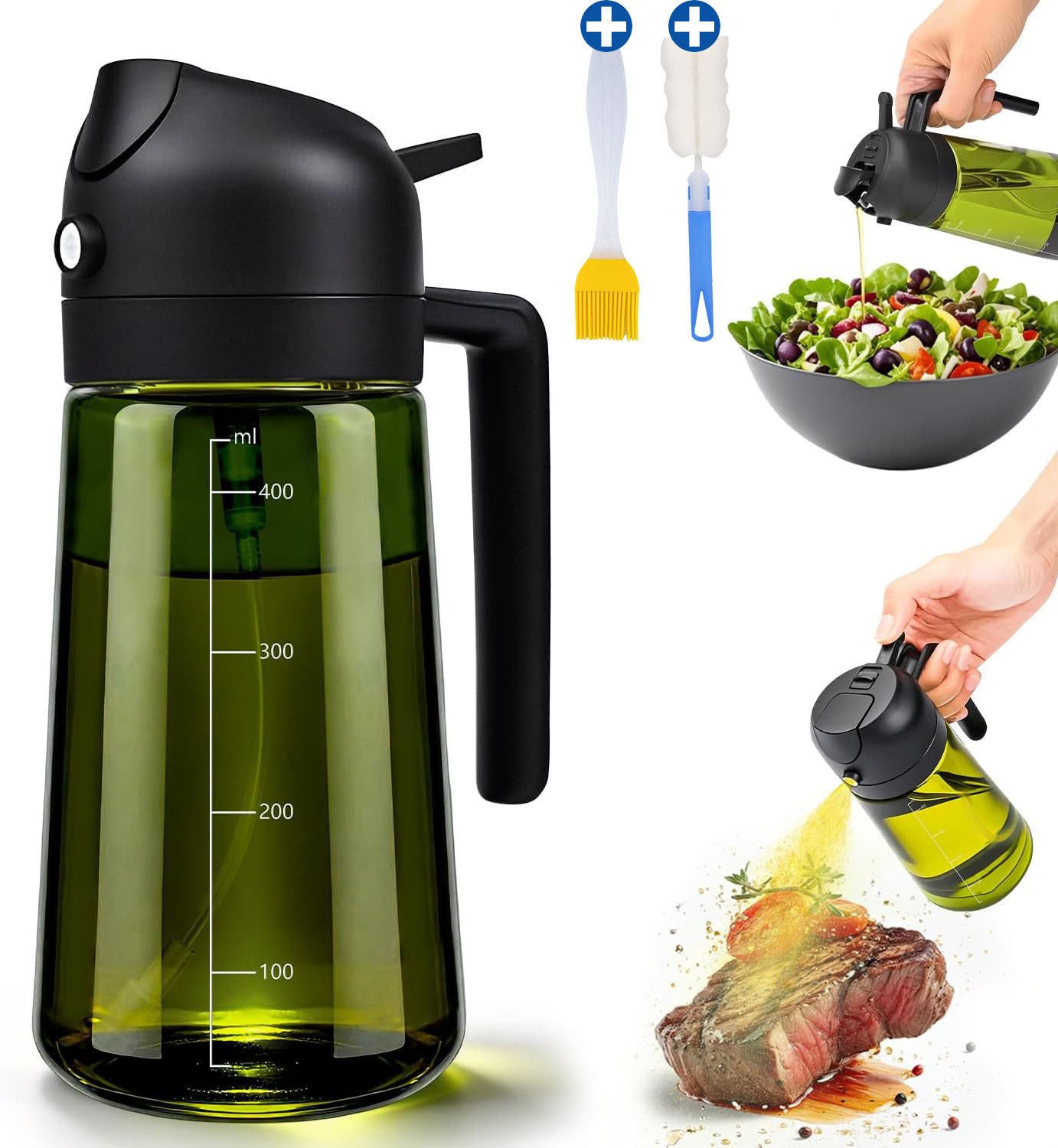 Forrlite Ölspender Ölsprüher 2-in-1 Ölsprühflasche Ölflasche Olivenöl Spray 470ml, (Glas-Ölspender mit Sprüh- und Ausgießfunktion, ideal für Küche, Heißluftfritteuse, Salat & BBQ – 470 ml, BPA-frei)