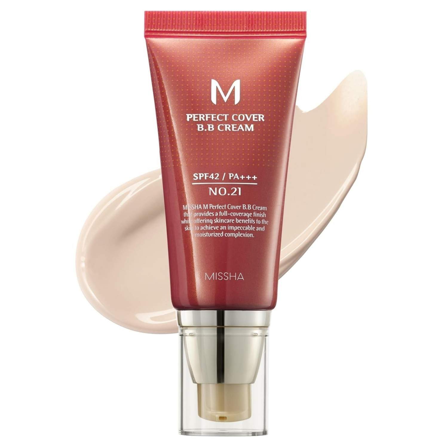 Missha BB-Creme M Perfect Cover BB Cream No.21 Light Beige 50 ml – Hohe Deckkraft, natürliche Anpassung, Pflege & UV-Schutz SPF42 – Für empfindliche Hauttypen, – Mit Hyaluron, Squalane, Arbutin & Pflanzenextrakten