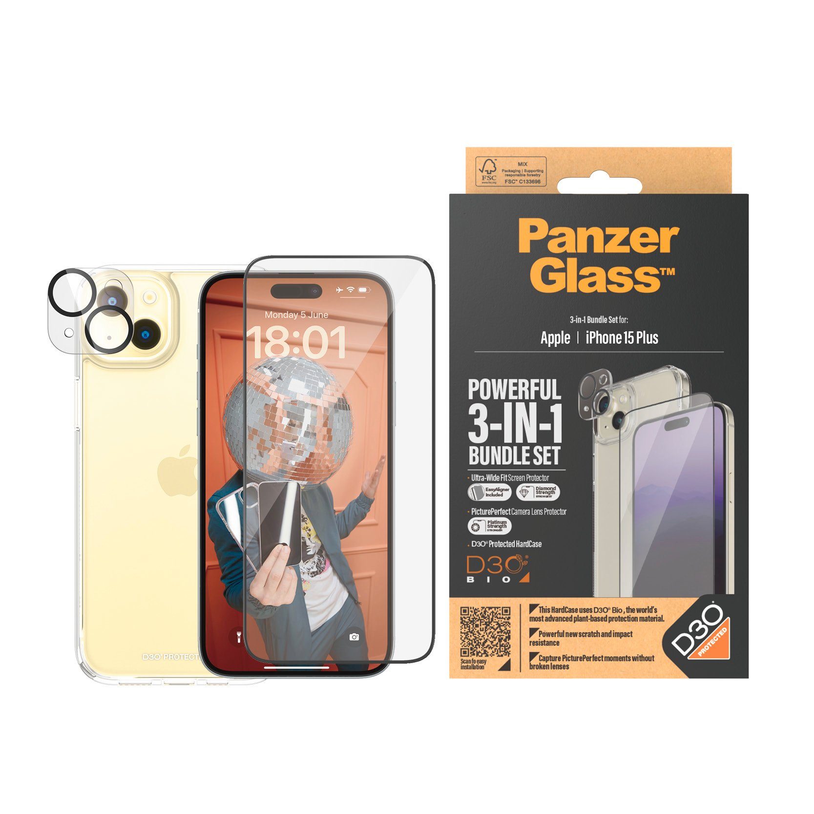 PanzerGlass Displayschutzglas 3-in-1-Pack Screen, Camera Protector und Cover für iPhone 15 Plus