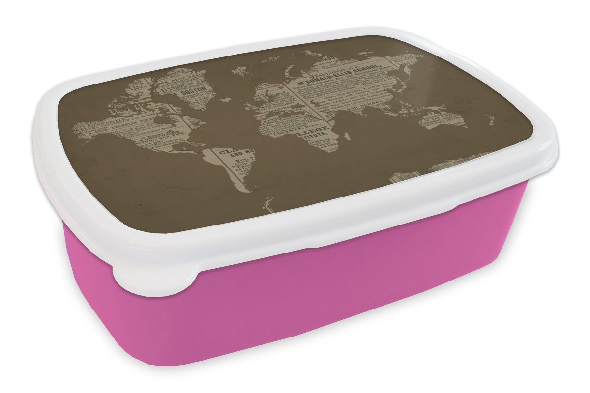 MuchoWow Lunchbox Weltkarte - Retro - Zeitung, Kunststoff, (2-tlg), Brotbox für Erwachsene, Brotdose Kinder, Snackbox, Mädchen, Kunststoff rosa