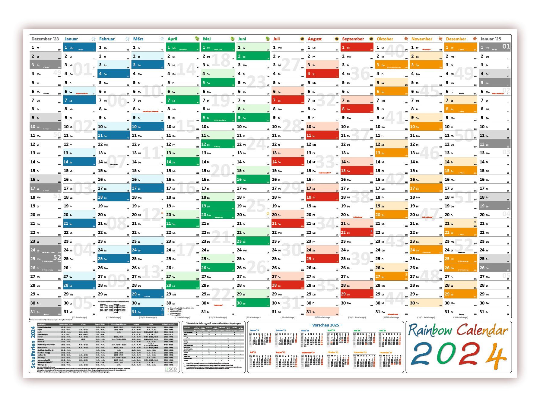 LYSCO Wandkalender Rainbow Wandplaner 2024 DIN A0 / A1 / A2, 14 Monate, (gerollt)