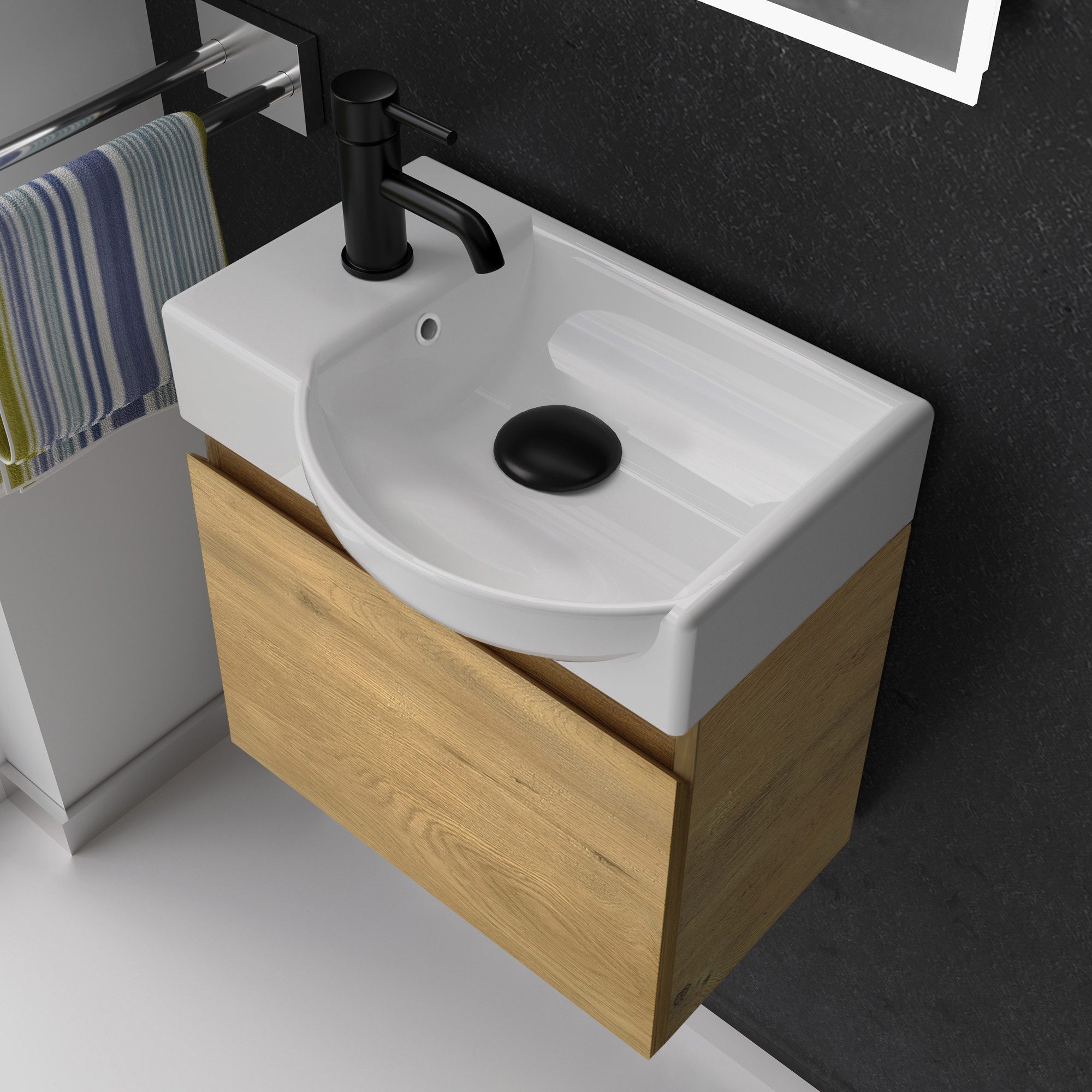 Alpenberger Badmöbel-Set - Gäste WC Waschbecken mit Unterschrank 45 cm Breit, (Badschrank 2-tlg., Waschtisch hängend), Waschbeckenunterschrank mit Softclose - Eiche Natur - Rechts Becken