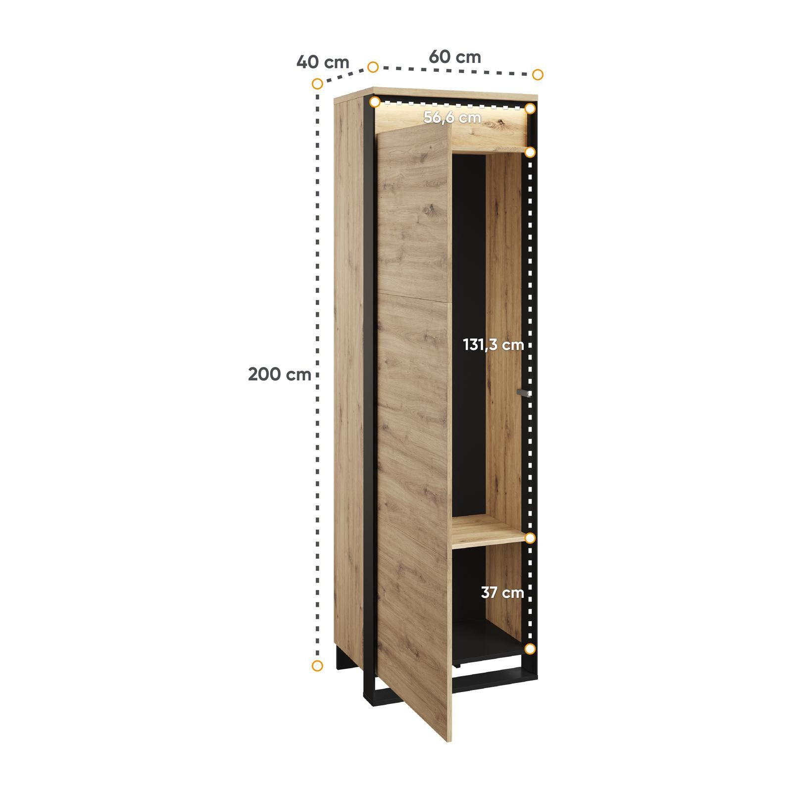 HAUSELEMENT Kleiderschrank QUANT QG-01 LED-Beleuchtung Drehtürenschrank 60 x 200 cm Schrank Push-to-Open Loft