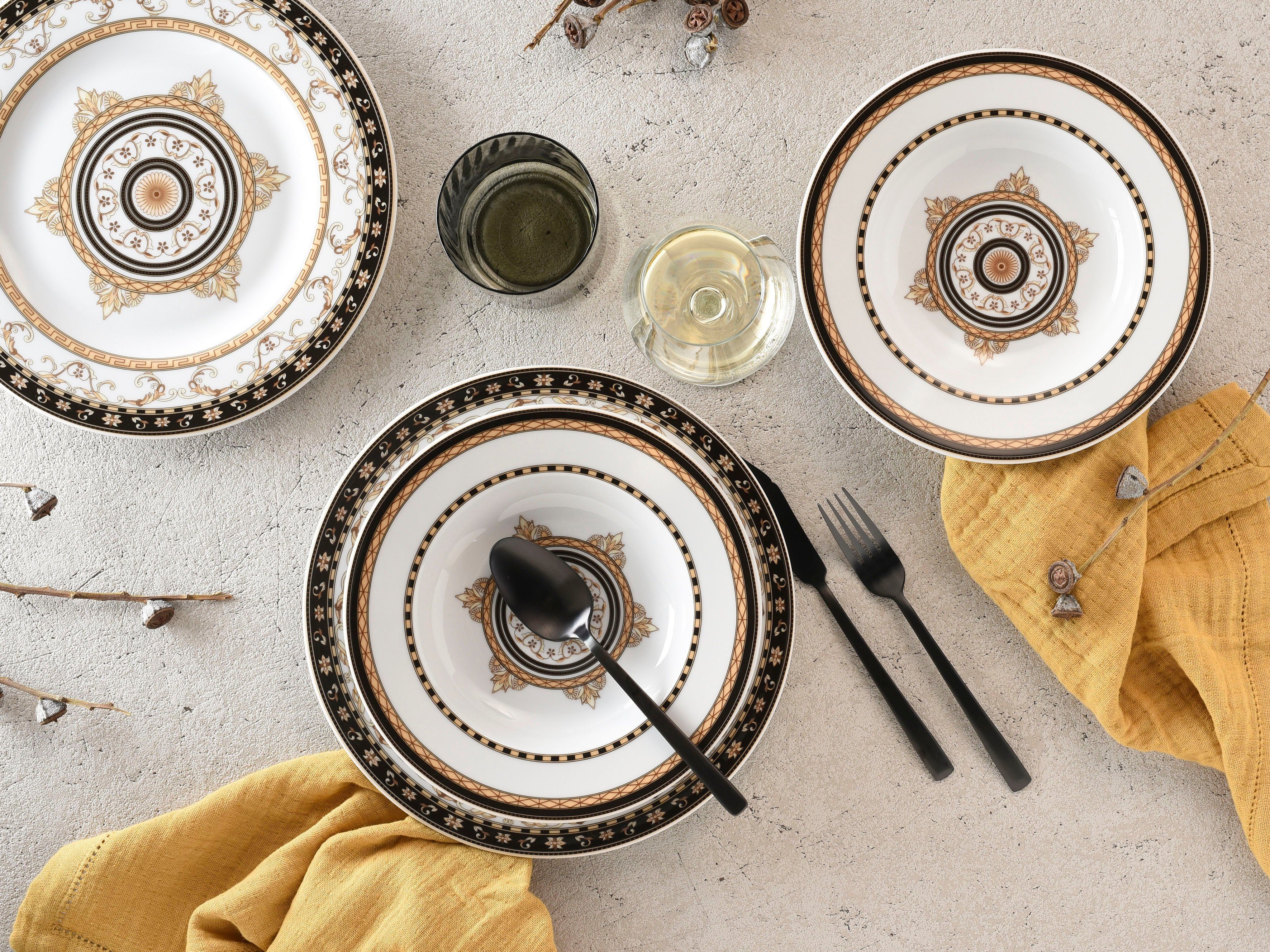 CreaTable Tafelservice Teller Set, Geschirr-Set Majestosa (12-tlg), 6 Personen, Porzellan, Service, Dekor schwarz abgesetzt, 12 Teile, für 6 Personen