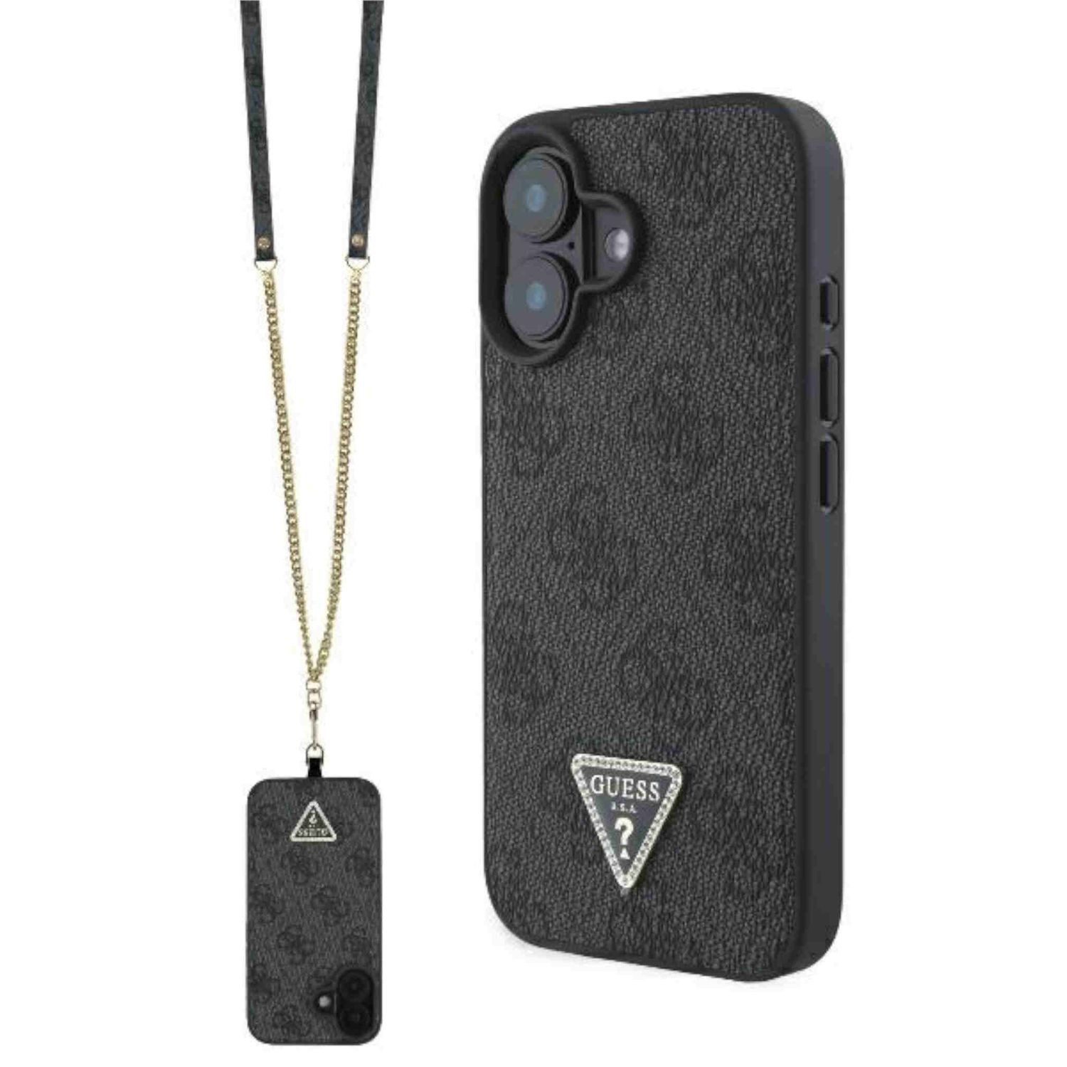 Guess Smartphone-Hülle GUESS Apple iPhone 16 Metal Logo Strass Crossbody Hülle Schwarz
