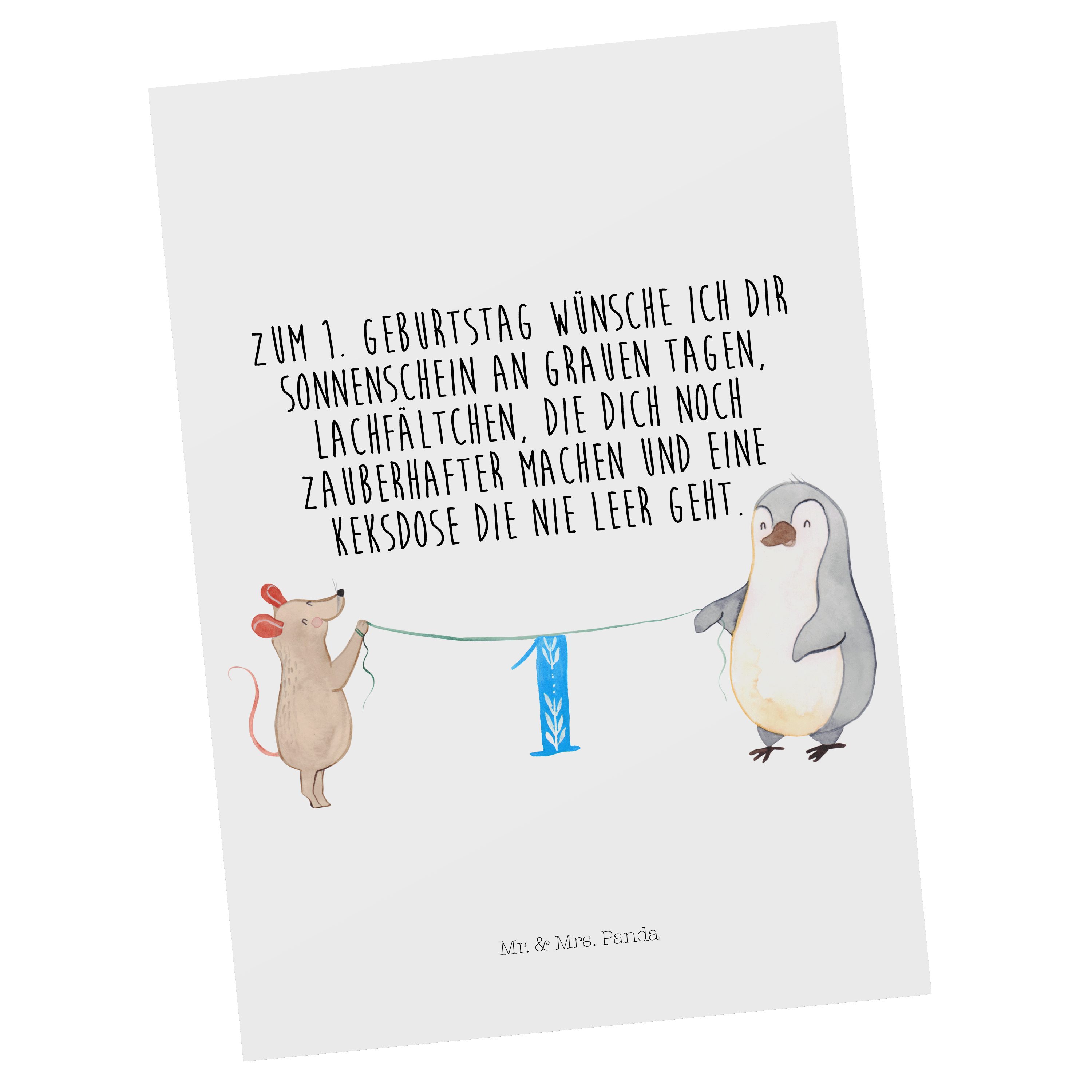 Mr. & Mrs. Panda Postkarte 1. Geburtstag Maus Pinguin - Weiß - Geschenk,  Einladungskarte, Torte