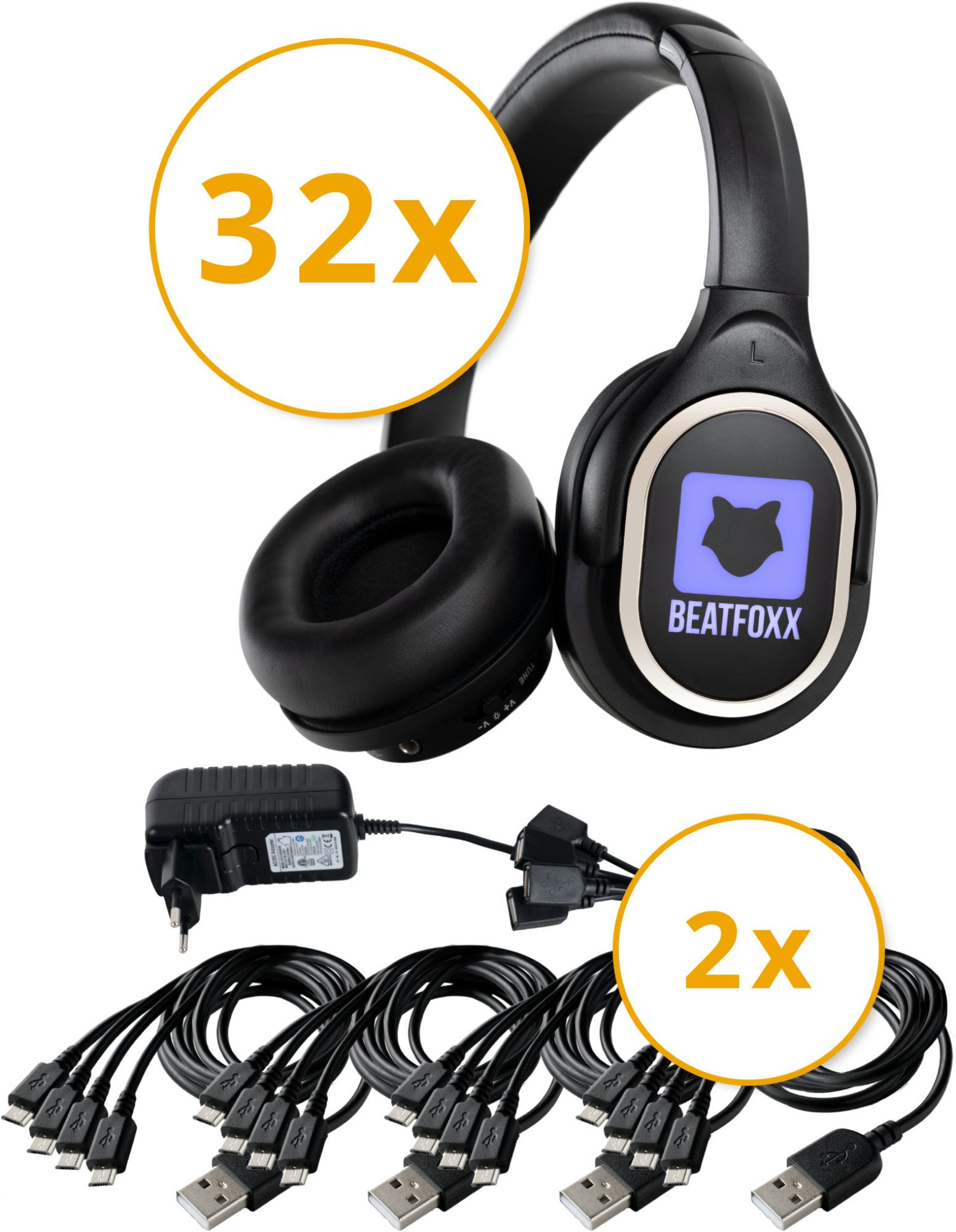 Beatfoxx SDH-340/32 USB-C Silent Disco V2 Kopfhörer Set + 2 Ladegeräte Funk-Kopfhörer (Wireless Stereo Kopfhörer für Silent Disco-Anwendungen, UHF-Technik, 3 empfangbare Kanäle)