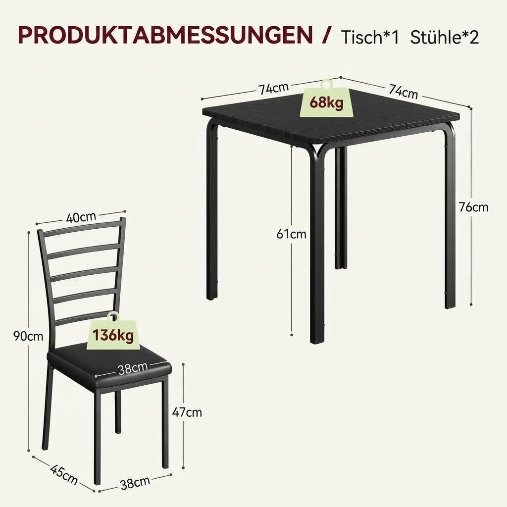 GarveeMore Essgruppe Ktichen Tisch mit 2 Stühlen für Küche & Esszimmer, Kompaktes Esszimmer-Set für kleine Räume(Tisch mit 2 Stühlen)